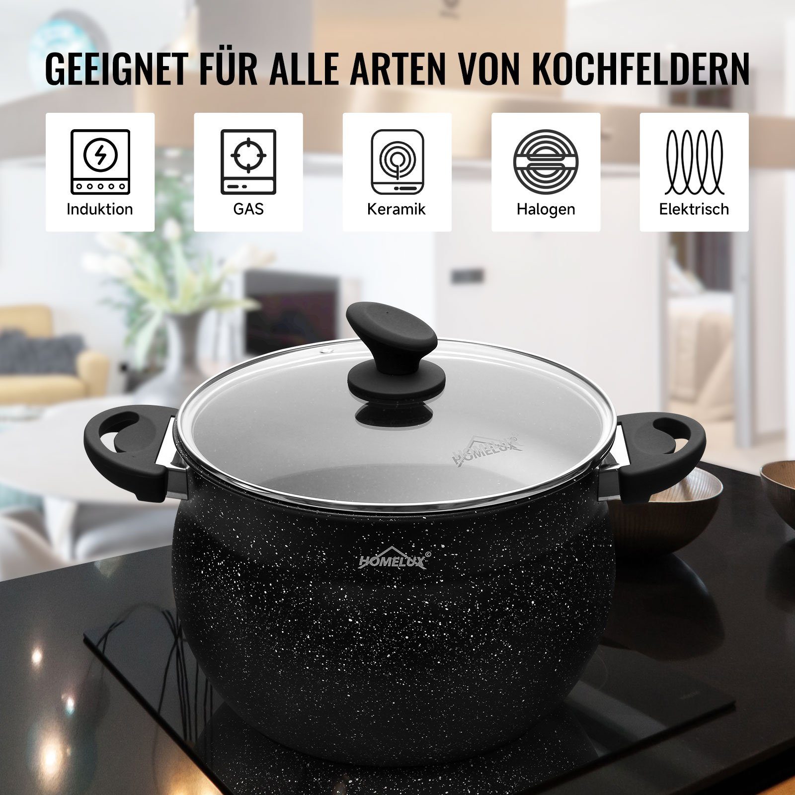 HOMELUX Suppentopf 4/6/8/10/12,5/15 L Topf Induktions Antihaft Kochtopf mit Glasdeckel, Aluminium (für alle Herdarten), induktionsgeeignet – Bild 5 von 5