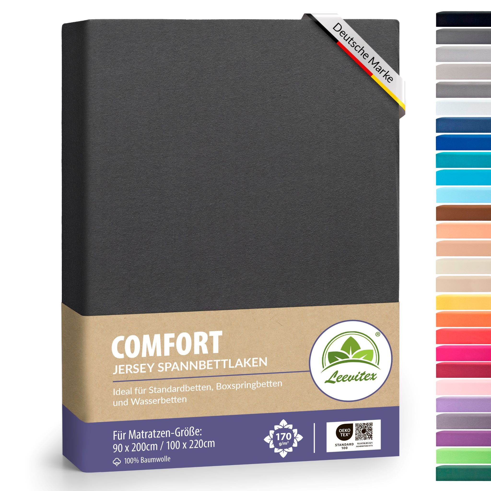 leevitex® Spannbettlaken verschiedene Größen, Stoffgewicht 170 g/m², 40 cm Steghöhe, Jersey, Gummizug: rundum, (1 Stück), verschiedene Farben, OEKO-TEX® STANDARD 100 zertifiziert