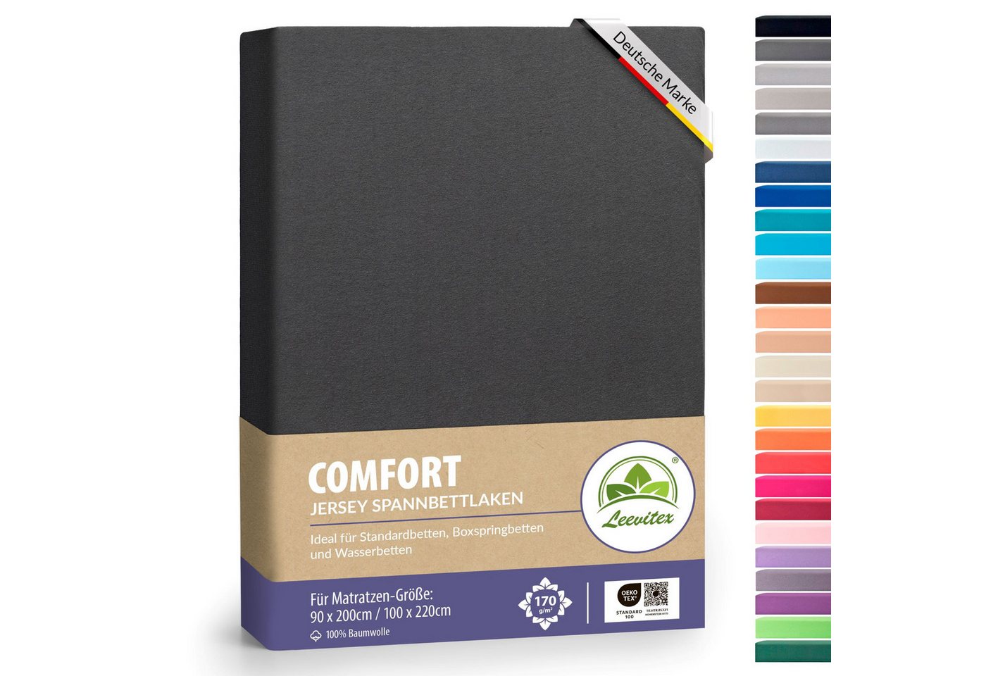 leevitex® Spannbettlaken verschiedene Größen, Stoffgewicht 170 g/m², 40 cm Steghöhe, Jersey, Gummizug: rundum, (1 Stück), verschiedene Farben, OEKO-TEX® STANDARD 100 zertifiziert