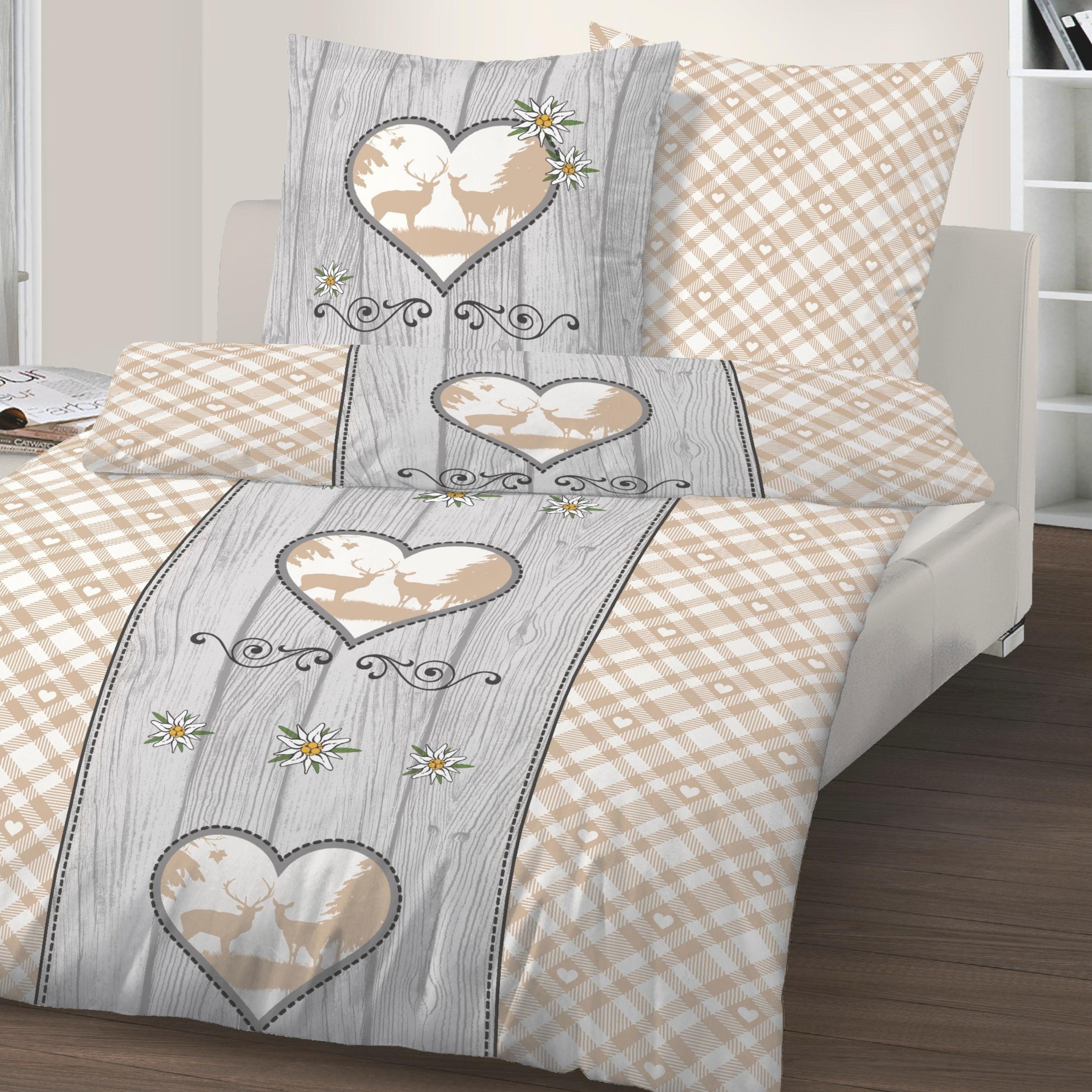 MTOnlinehandel Bettwäsche Landhaus Vintage, 100% Baumwolle, Renforcé, 4 teilig, Oktoberfest Partnerbettwäsche in Karo-Design und Holzoptik