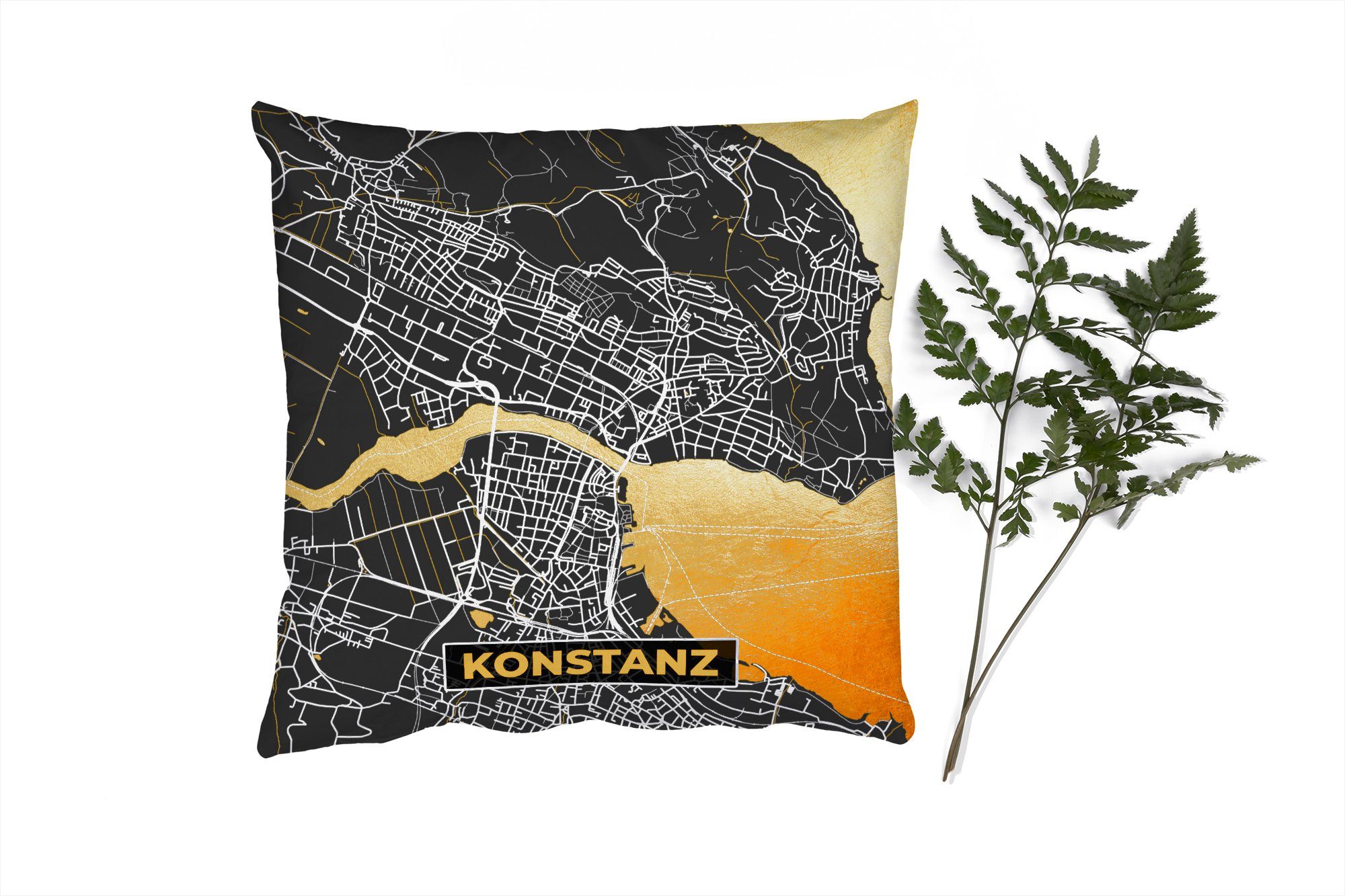 MuchoWow Dekokissen Konstanz - Gold - Stadtplan - Deutschland - Karte, Zierkissen mit Füllung für Wohzimmer, Schlafzimmer, Deko, Sofakissen