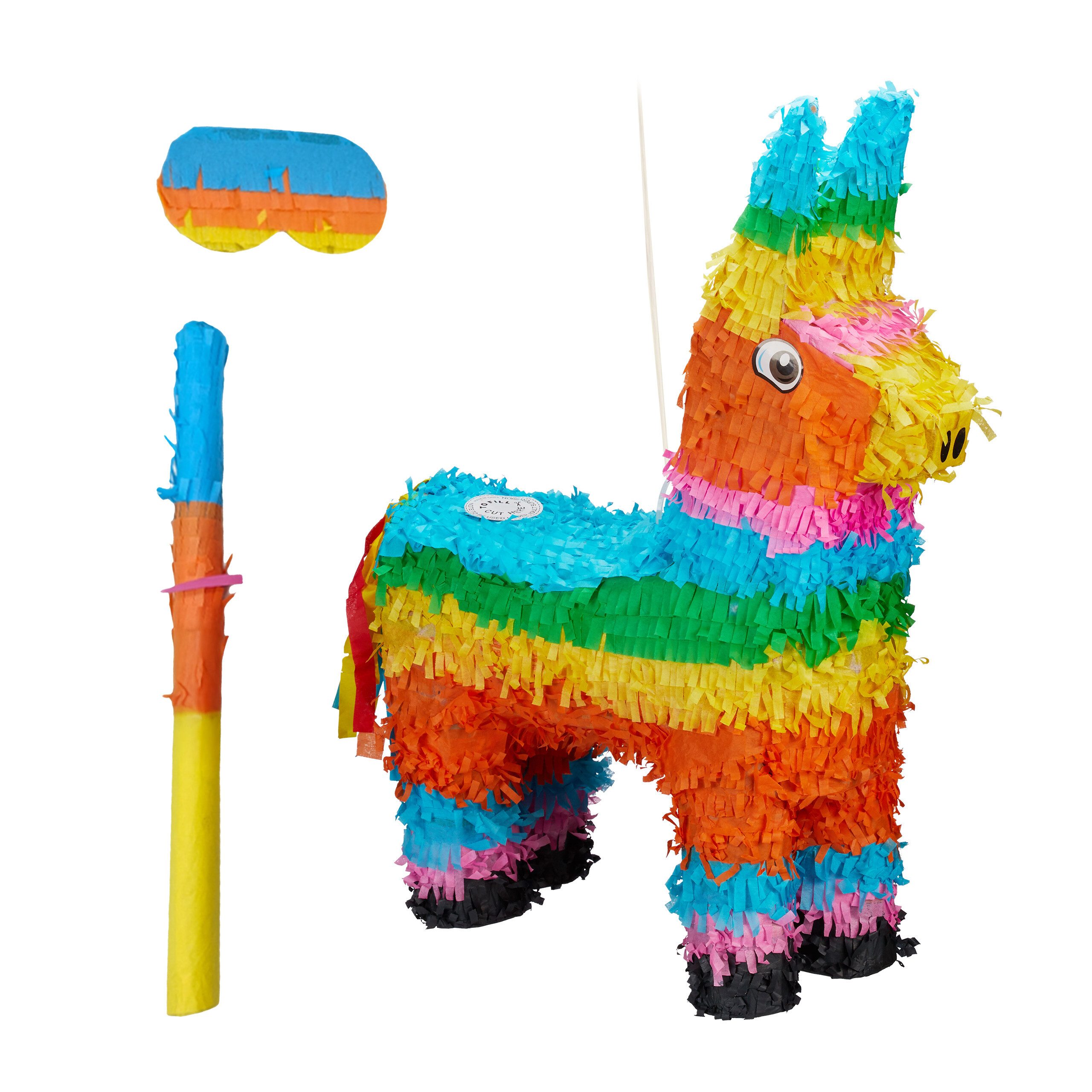 relaxdays Pinata Set Esel mit Stab und Maske, Bunt