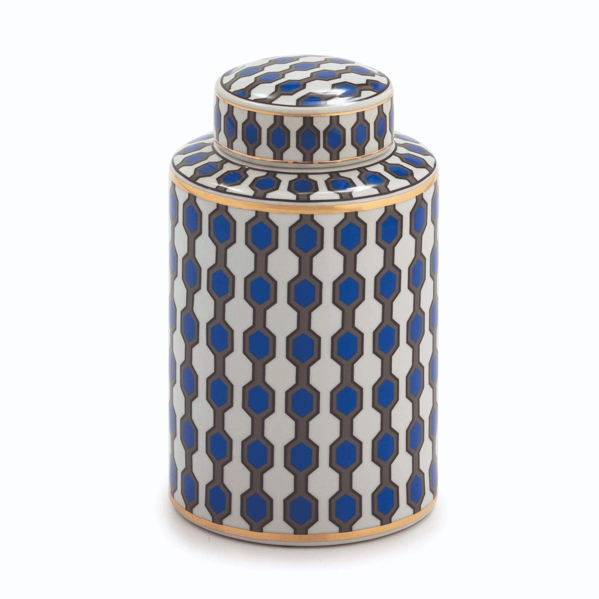 Cosy Home Ideas Deckelvase Vase), geometrisches ausgefallenes bestehend Muster 1 Keramik Tischvase gemustert blau-weiß-gold Ingwertopf geometrisch (1 Stück, aus