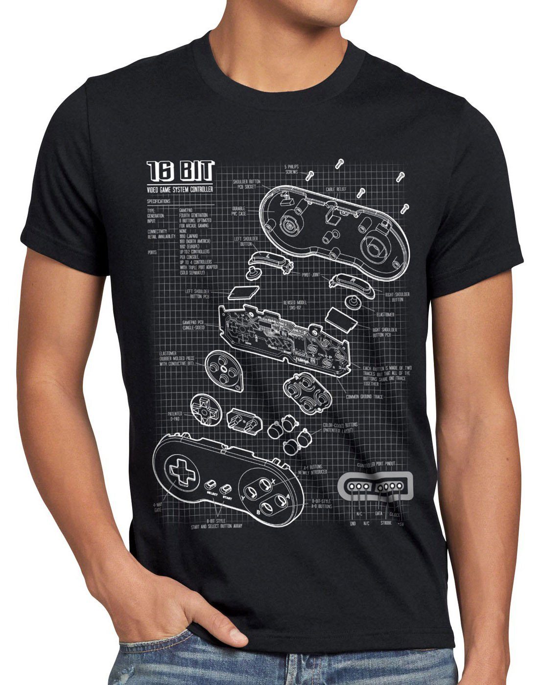 style3 Print-Shirt Herren T-Shirt 16-Bit Gamer classic snes nintendo nes switch super famicom mario schwarz