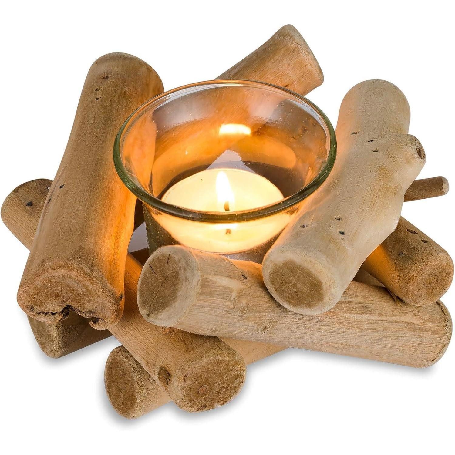 LuxusKollektion Teelichthalter Rustikaler Holz Kerzenständer Teelichthalter Vintage Glas Windlicht 1