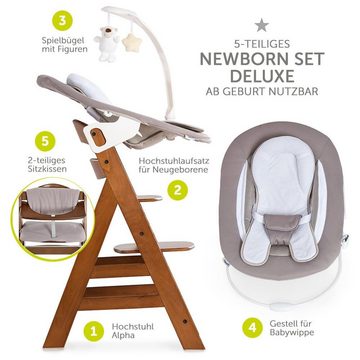 Hauck Hochstuhl Alpha Plus Walnut Newborn Set Deluxe (Set, 4 St), Holz Babystuhl ab Geburt inkl. Aufsatz für Neugeborene & Sitzauflage