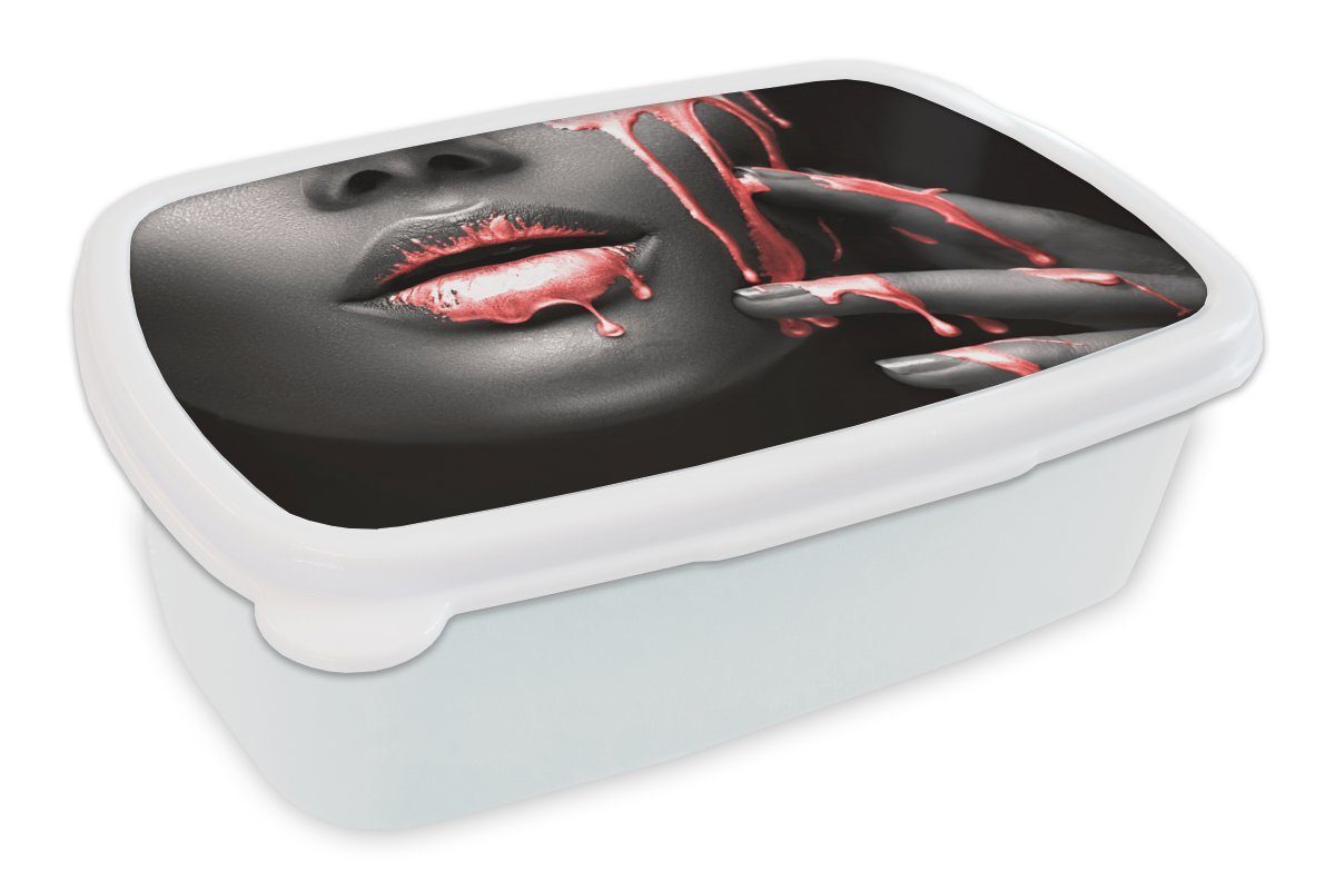 MuchoWow Lunchbox Lippen - Rot - Schwarz, Kunststoff, (2-tlg), Brotbox für Kinder und Erwachsene, Brotdose, für Jungs und Mädchen weiß