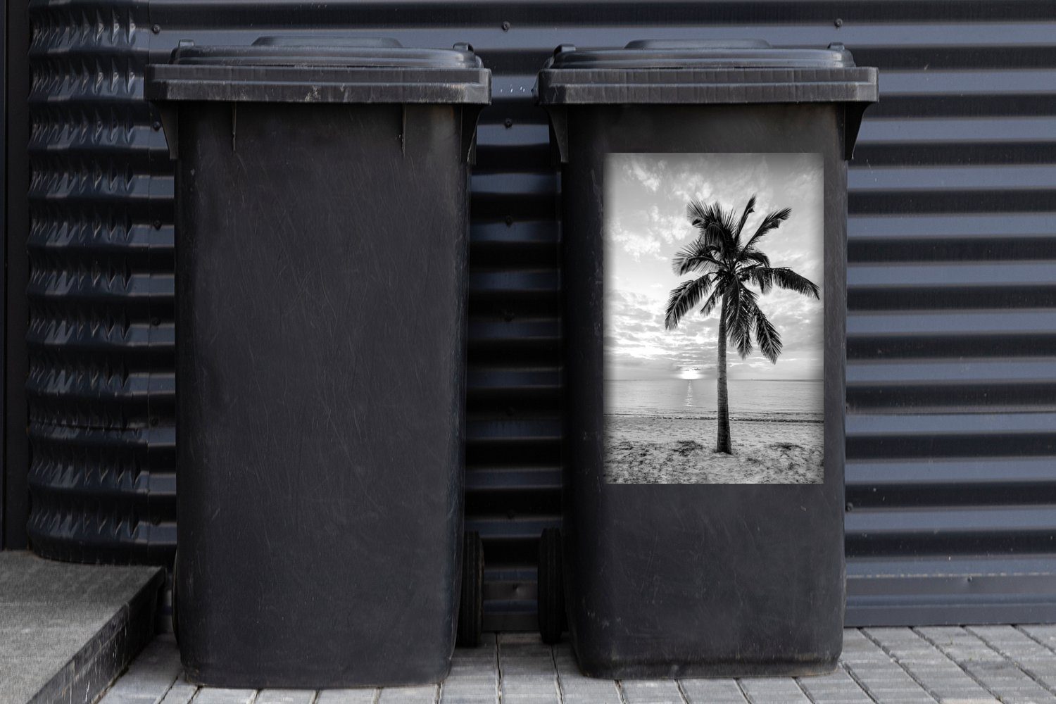 und Mülleimer-aufkleber, am Sonnenuntergang Strand Sticker, Palme St), weiß Abfalbehälter (1 MuchoWow schwarz bei Mülltonne, Wandsticker Container, -