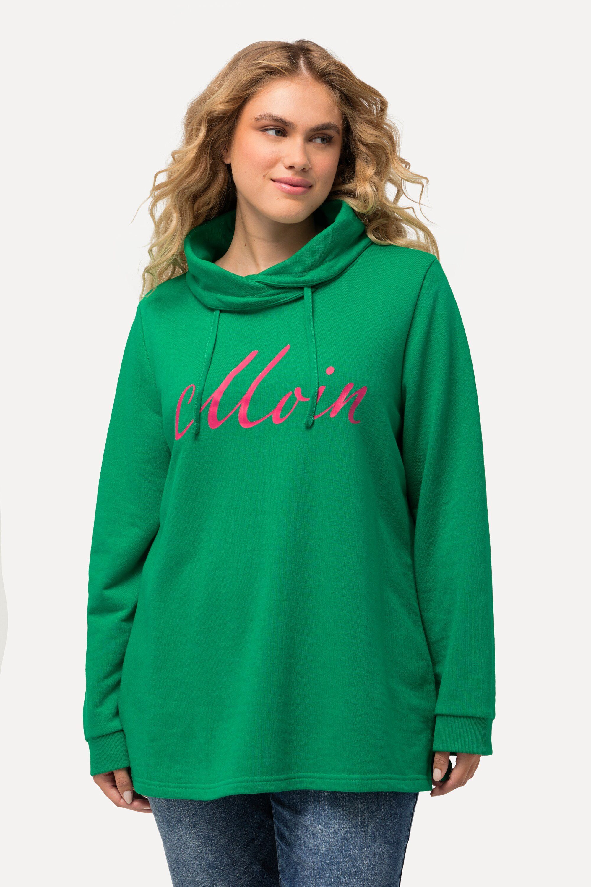 smaragdgrün Sweatshirt Ulla Popken Sweatshirt Langarm Grußmotiv Stehkragen