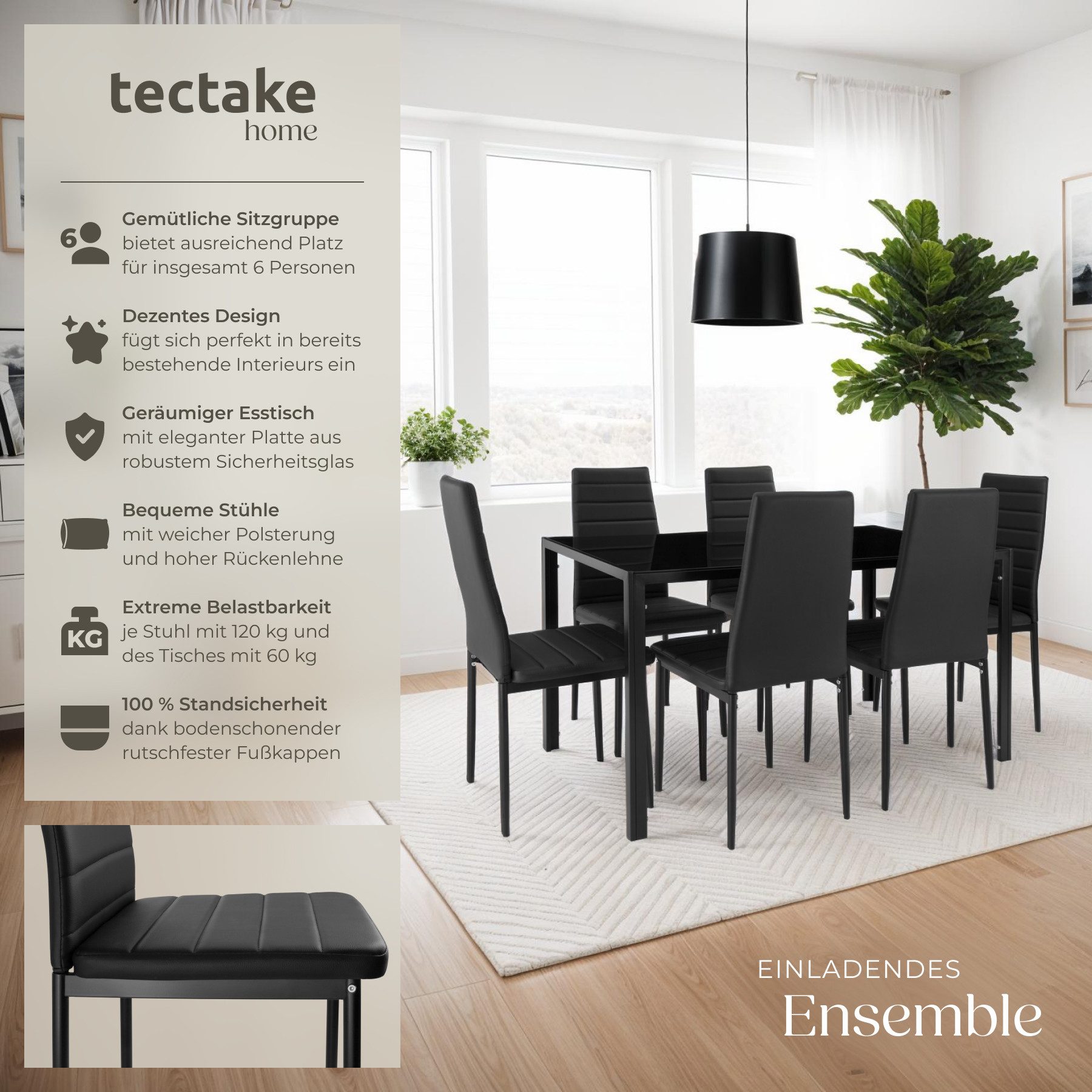 tectake Sitzgruppe Essgruppe aus Stahl, 7-teilig, bodenschonende Kunststoffkappen, (Loungeset Brandenburg, 7-tlg., in Schwarz/Schwarz), Esstisch mit 6 Stühlen, gepolstert mit Kunstlederbezug