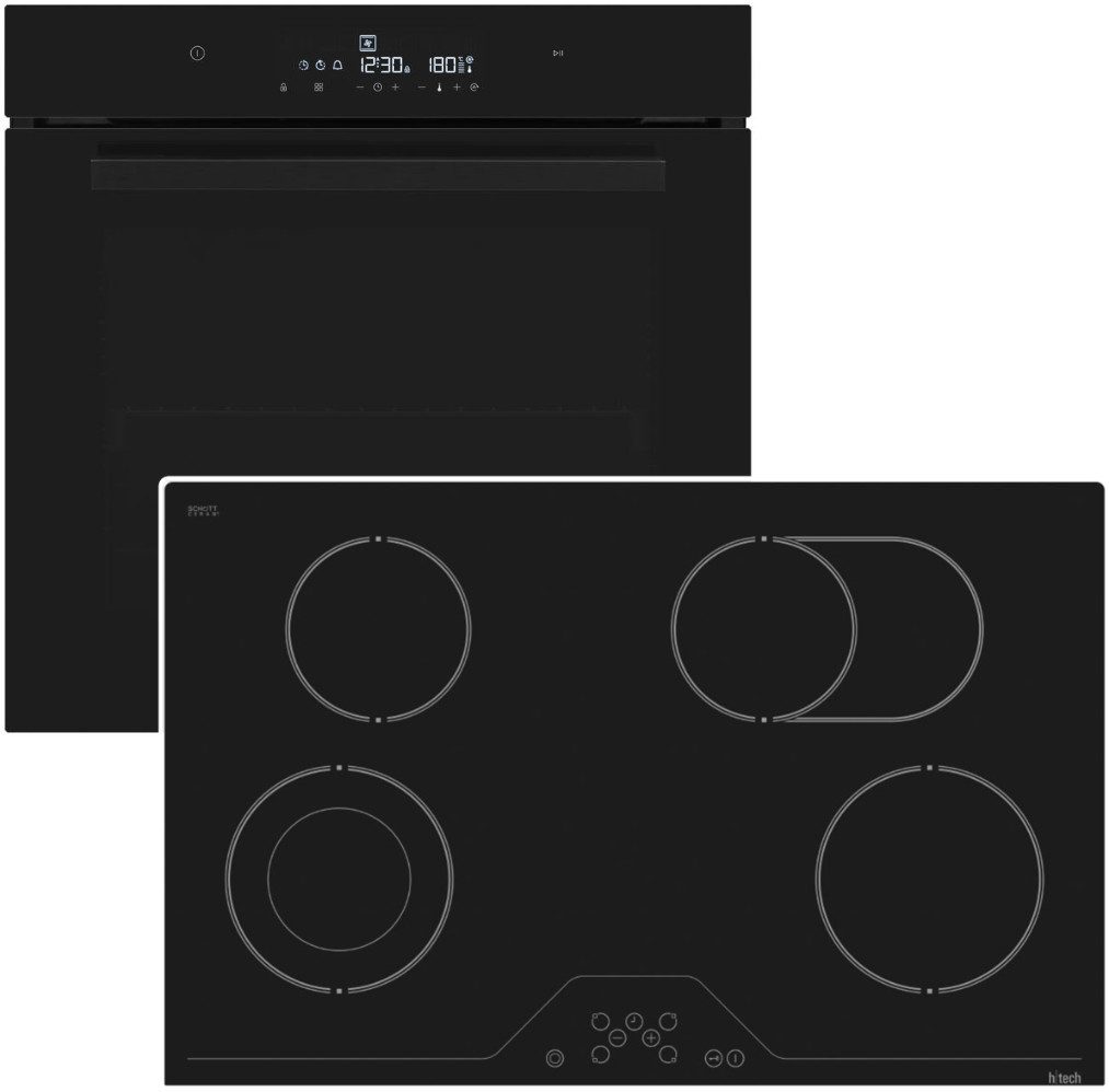 Daewoo Backofen-Set Schwarz Hydrolyse SoftClose mit Glaskeramikkochfeld 78 cm Bräterzone, mit Nachrüstbar, Hydrolyse