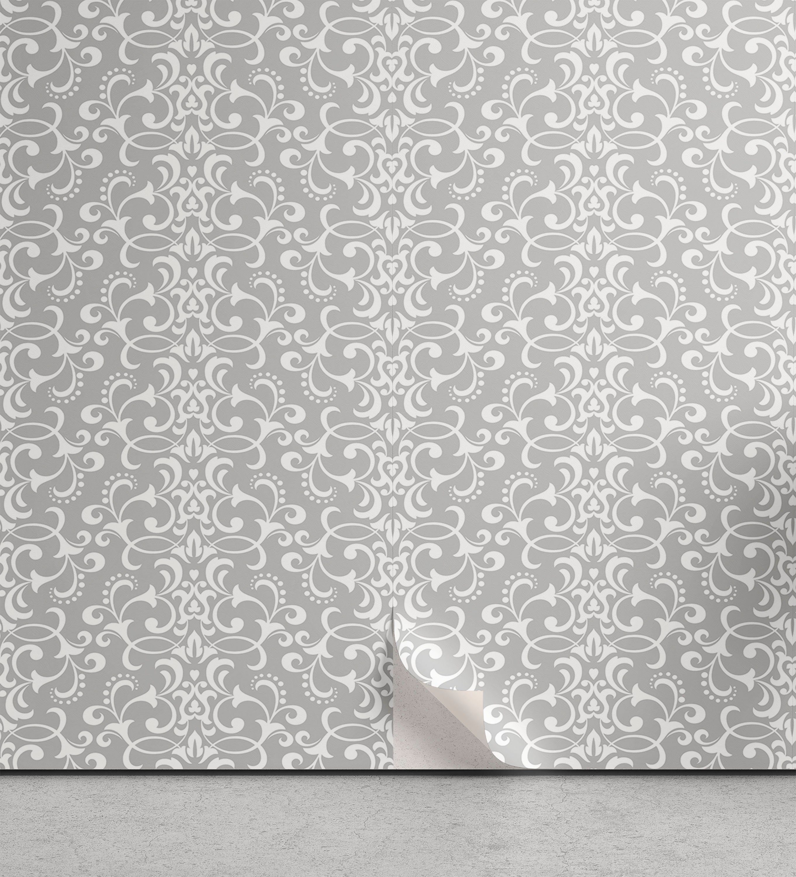 Abakuhaus Vinyltapete selbstklebendes Wohnzimmer Küchenakzent, Damast-Grau Repeating Blumenwirbel