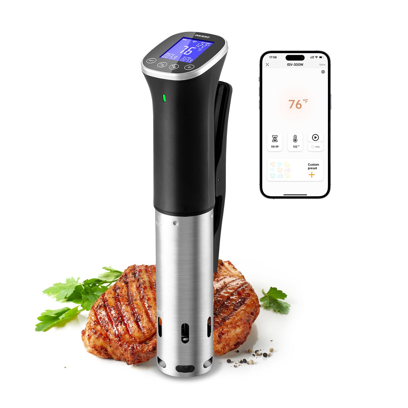 INKBIRD Sous-Vide Garer Professioneller Küchenroner Sous Vide Stick ISV-300W 2.4G WLAN APP CF, WiFi-Fernbedienung + App-voreingestellte Rezepte
