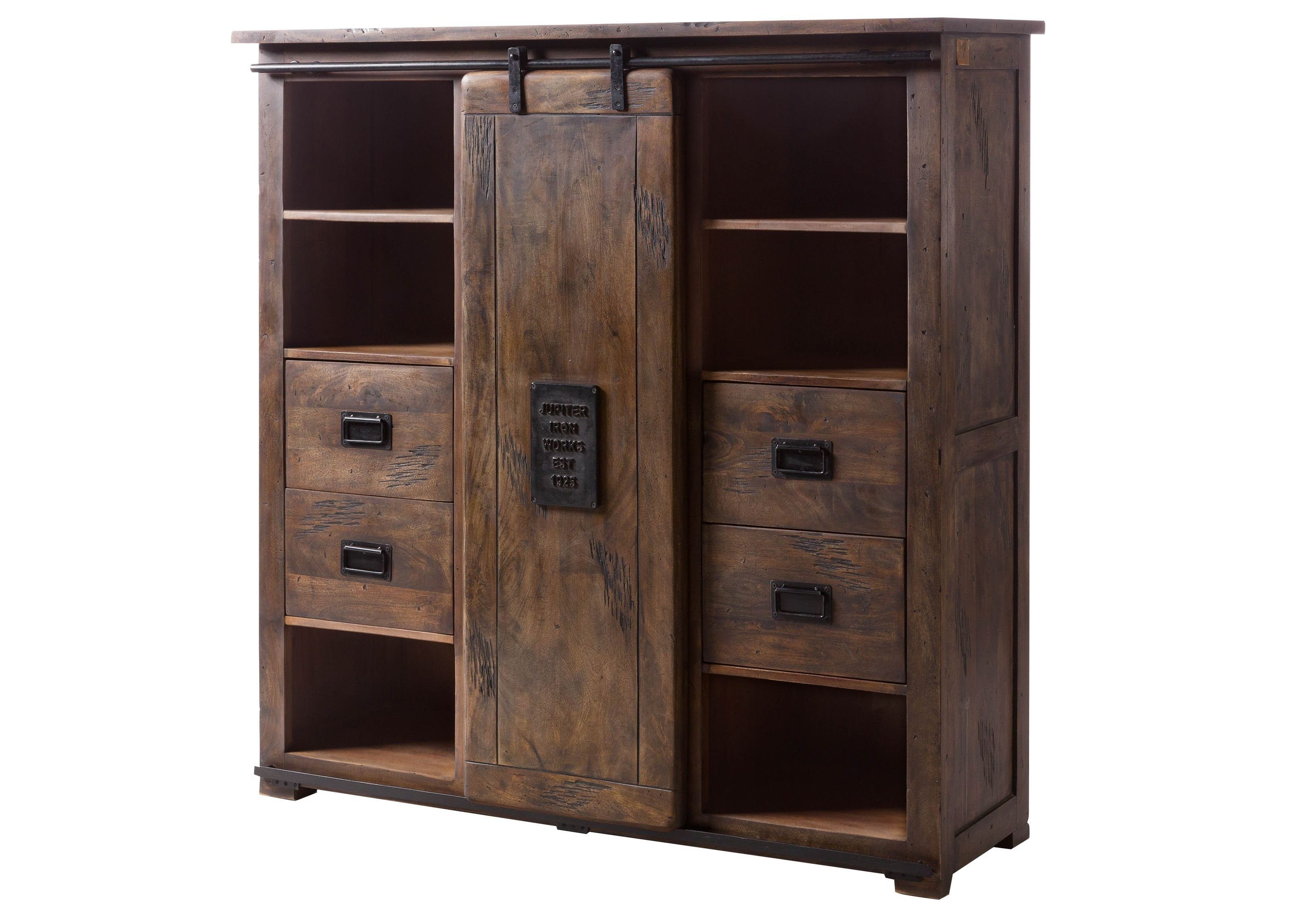 Massivmoebel24 Highboard RAILWAY (Massivholz), Mango 142x45x147 braun lackiert RAILWAY #462