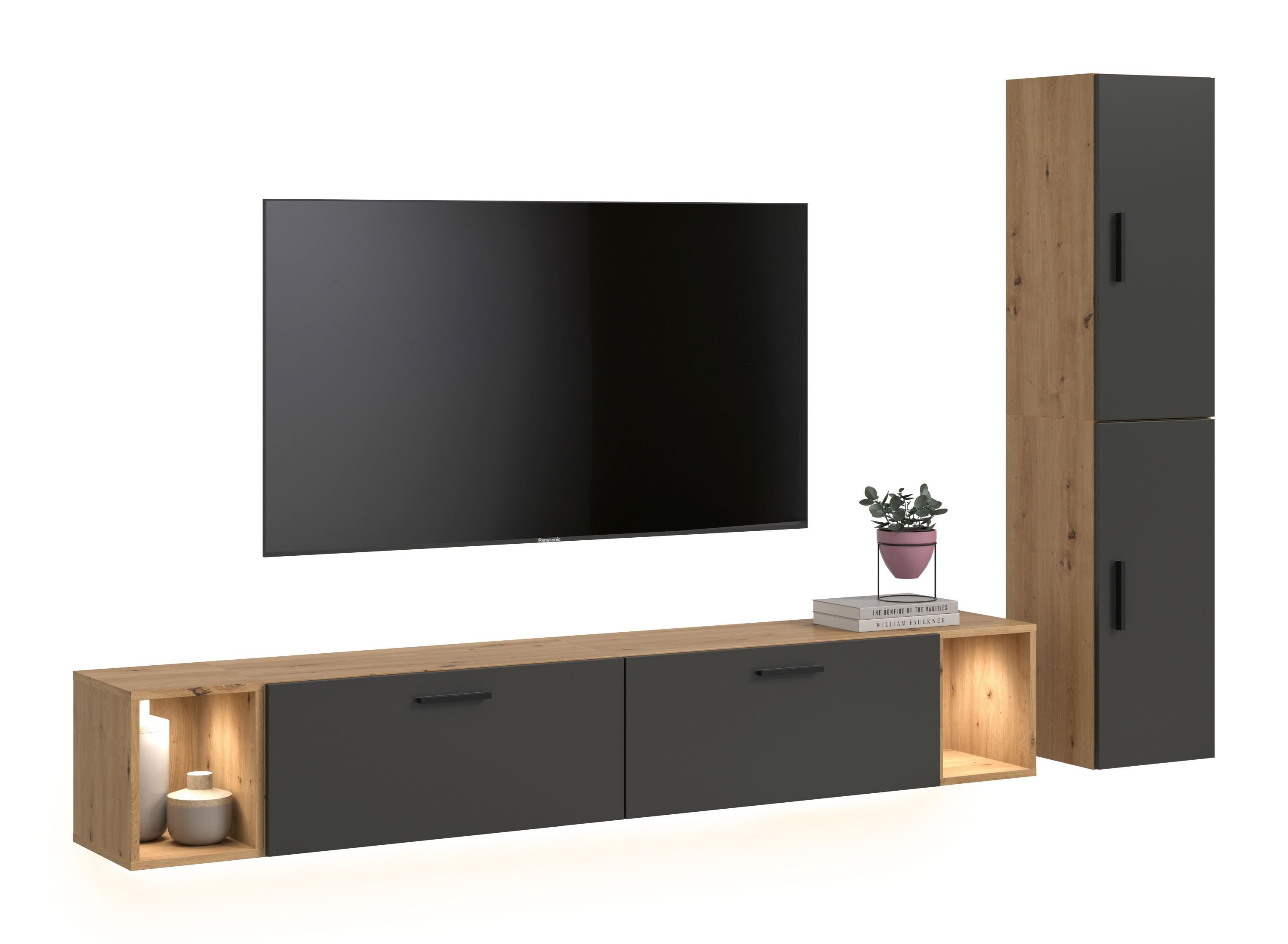 xonox.home Wohnwand The One, inkl. Beleuchtung in Artisan Oak/ Basalt grau Nachbildung 259x182x34cm