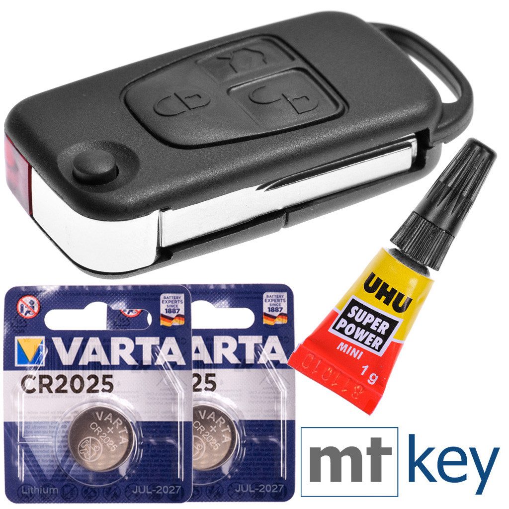 mt-key Auto Schlüssel 3 Tasten + HU44 Rohling + 1x Kleber + 2x VARTA CR2025 Knopfzelle, CR2025 (3 V), für Mercedes Benz W163 R129 SL ML Funk Fernbedienung