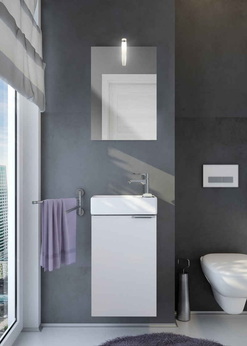 badselekt Badmöbel-Set FRESH Weiß Hochglanz, 3-teilig inkl. Waschbecken, Unterschrank & Spiegel mit LED-Beleuchtung Badmöbel-Set Waschtisch-Set perfekt für das Gästebad