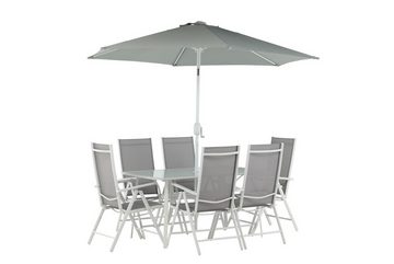 BOURGH Garten-Essgruppe BREKKI Esstischgruppe mit Tisch, 6 Stühlen & Sonnenschirm, (8-tlg), in weiß Aluminium Gestell