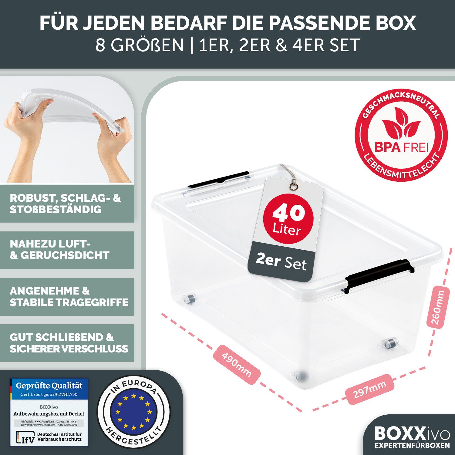 BOXXivo Aufbewahrungsbox Aufbewahrungsboxen mit Deckel BPA-freie & lebensmittelechte Boxen (2 St), Plastikbox mit Deckel - robuste & stapelbare Aufbewahrungsboxen