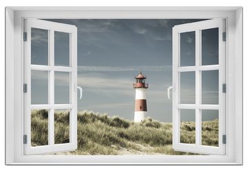 Wallario Wandfolie, Leuchtturm auf der Düne am Strand, mit Fenster-Illusion, wasserresistent, geeignet für Bad und Dusche
