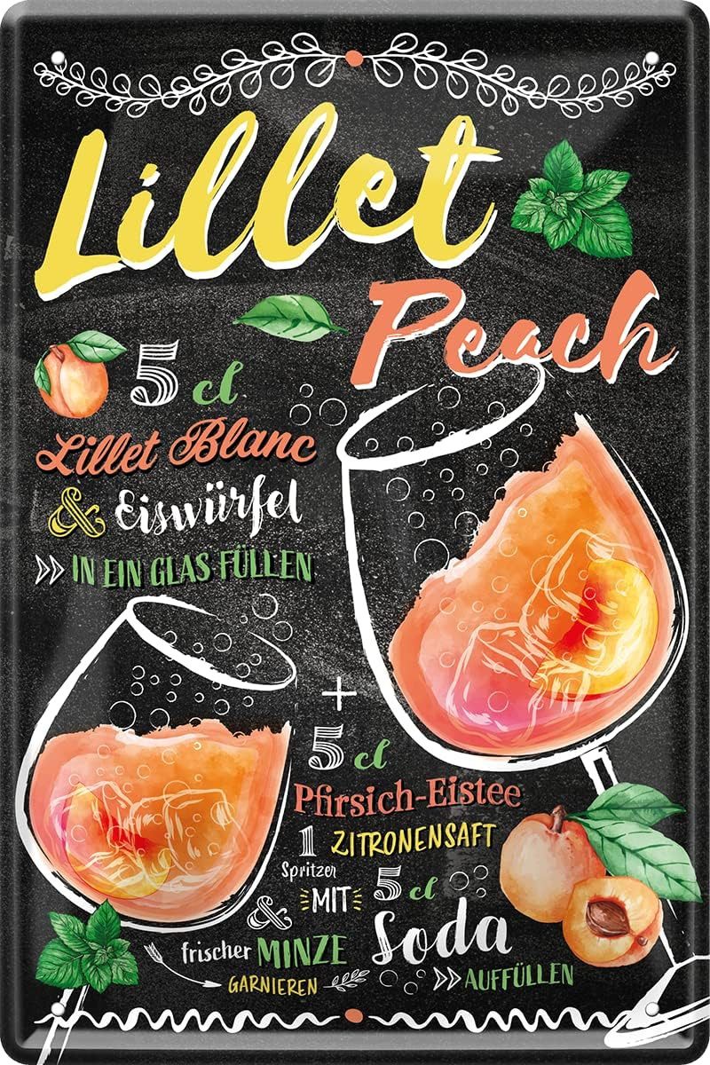 WOGEKA ART Metallbild LILLET Peach - Cocktail Rezept - 20 x 30 cm Retro Blechschild Bar