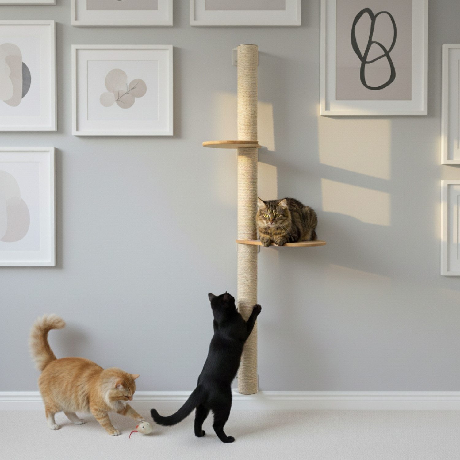 eyepower Kratzbaum zur Wandmontage-132 cm Wandkratzbaum für Katzen mit 2 Bambus Plateaus, Sistammstamm Wand - Katzenkratzbaum platzsparend - Kletterwand Katze