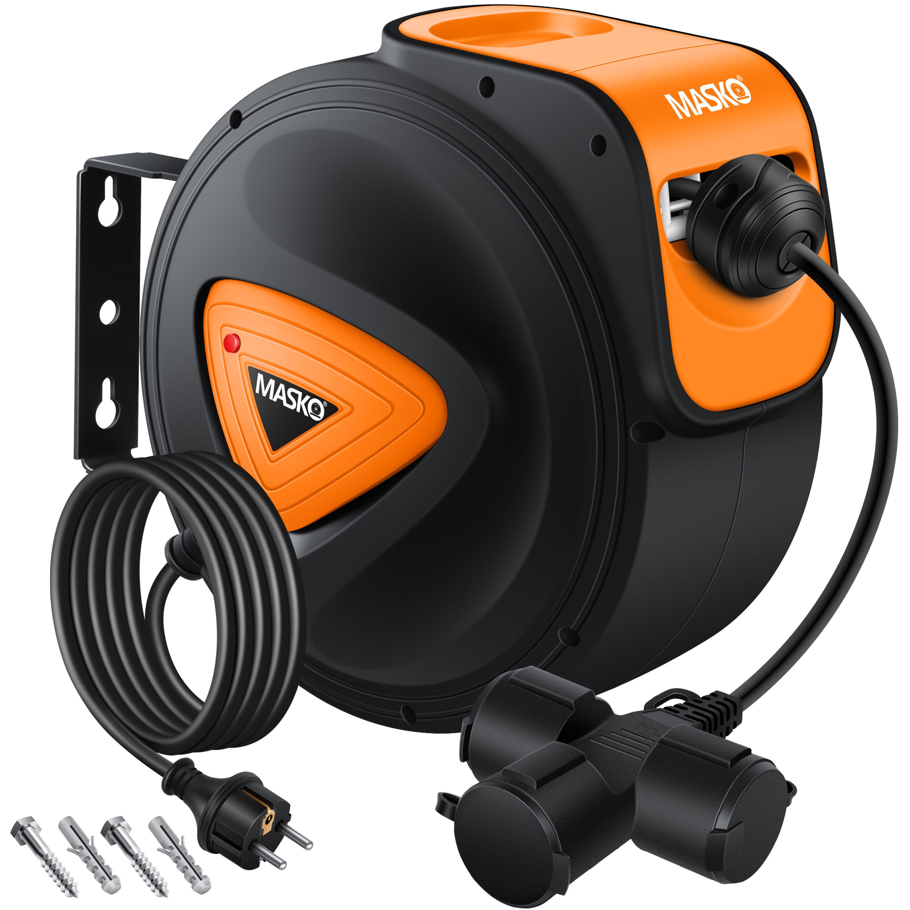 MASKO Verlängerungskabel, (15 cm), Automatik Kabeltrommel Verlängerungskabel mit 3-Fach Anschluss