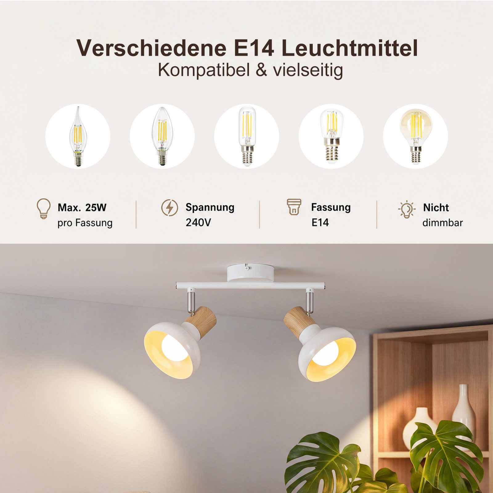 ZMH Deckenstrahler 2 Flammig E14 Vintage Weiß/Schwarz Deckenleuchte für Hotel Wohnzimmer, ohne Leuchtmittel, 350°Schwenkbar Deckenspots Schlafzimmerlampe – Bild 5 von 5