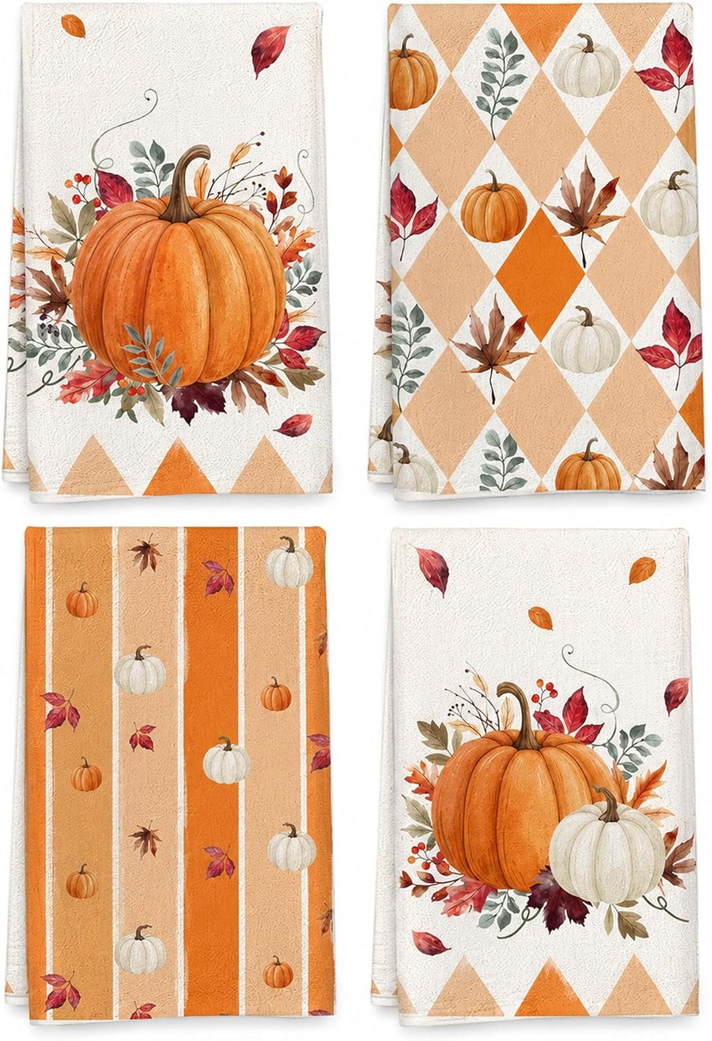 FOUORTUNATE-BEE Handtuch Set Geschirrtücher 4er Set 40x60 cm mit Kürbis und Herbstblätter Motiv, Herbstliche Küchentücher zum Abtrocknen und Dekorieren für Küche