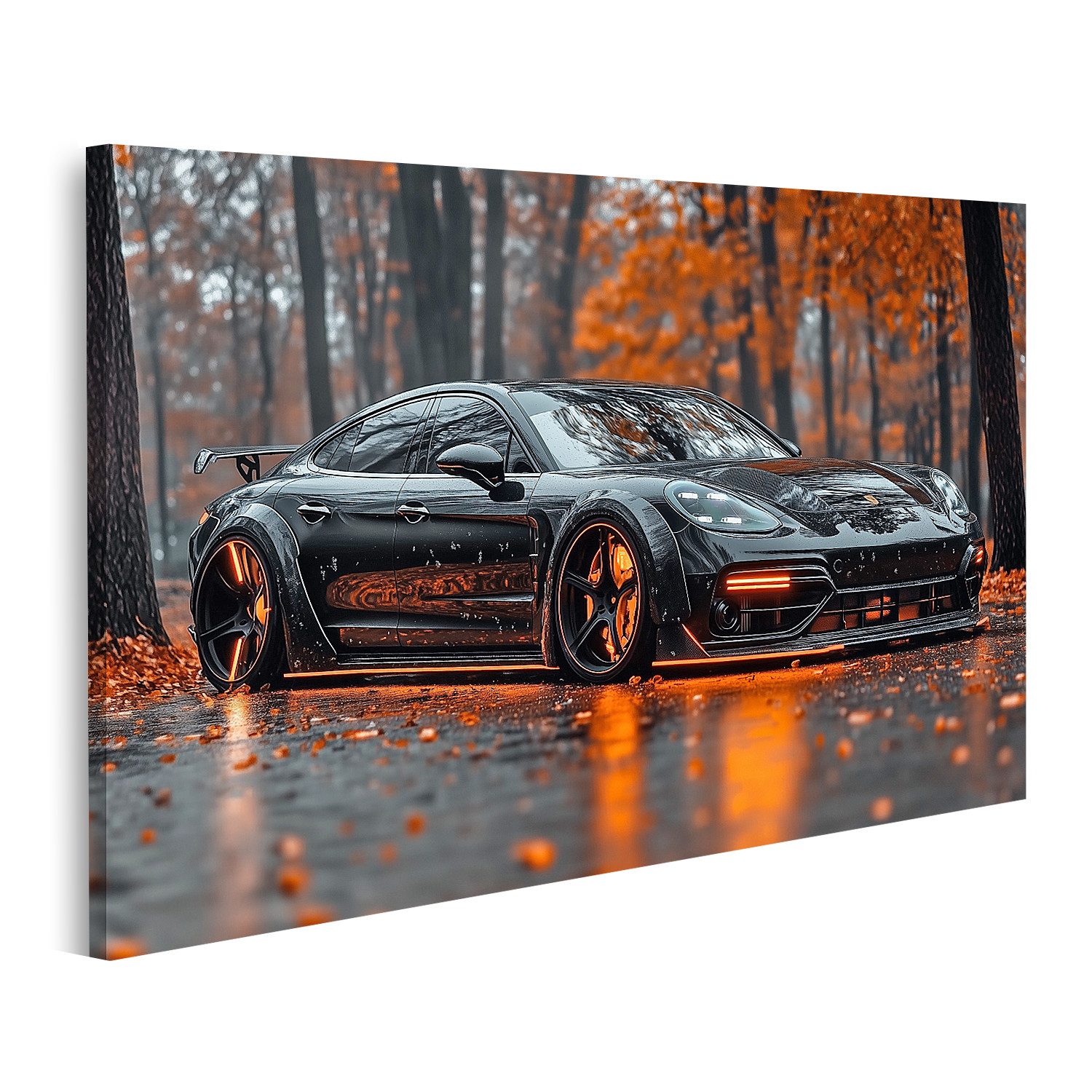 islandburner Leinwandbild, Schwarzes Sportauto im herbstlichen Wald günstig online kaufen