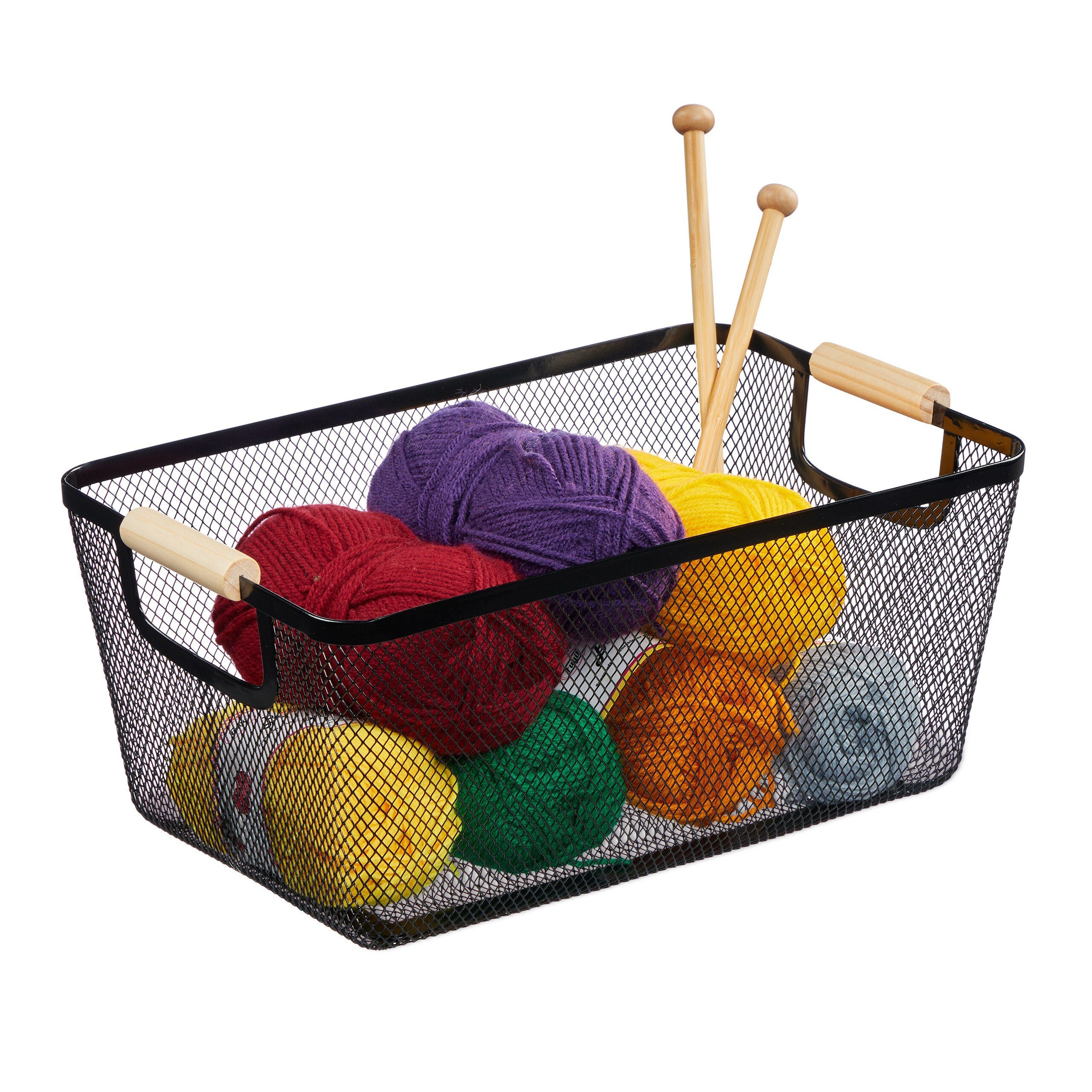 relaxdays Aufbewahrungskorb Drahtkorb mit Holzgriffen, Schwarz günstig online kaufen