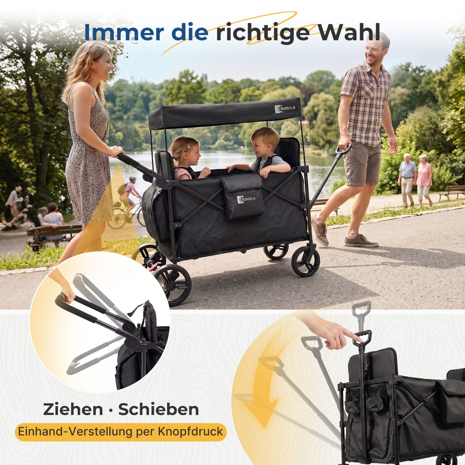 SUNULA Bollerwagen Kinder Bollerwagen für 2 Kinder mit Dach, Schiebe- und Zieh Funktion, Faltbar Kinderwagen mit XXL-Rädern (25/20 cm) und 5-Punkt-Gurtsystem – Bild 2 von 5