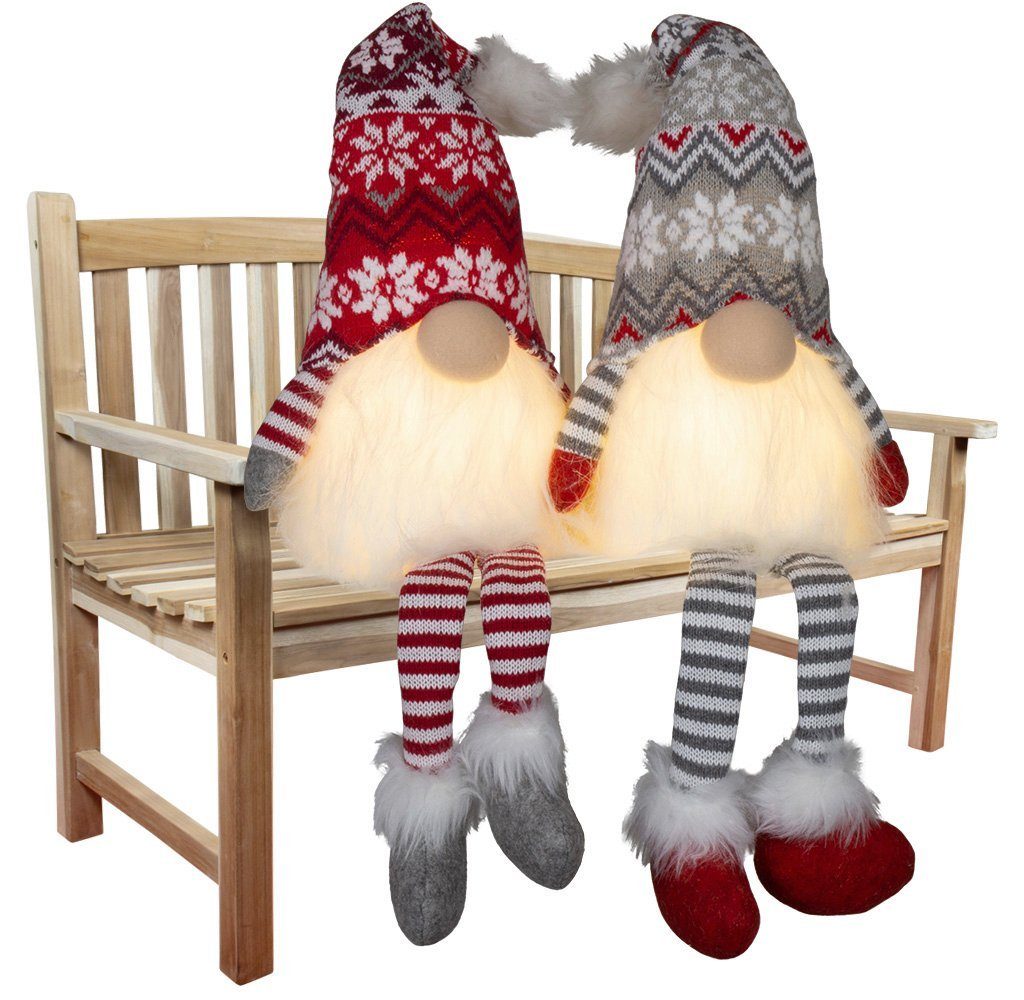 Christmas Paradise Weihnachtsfigur Wichtel mit LED 24cm (57cm) Kantenhocker, (Dekofiguren, 2 St., im Set), Weihnachten, rot-grau