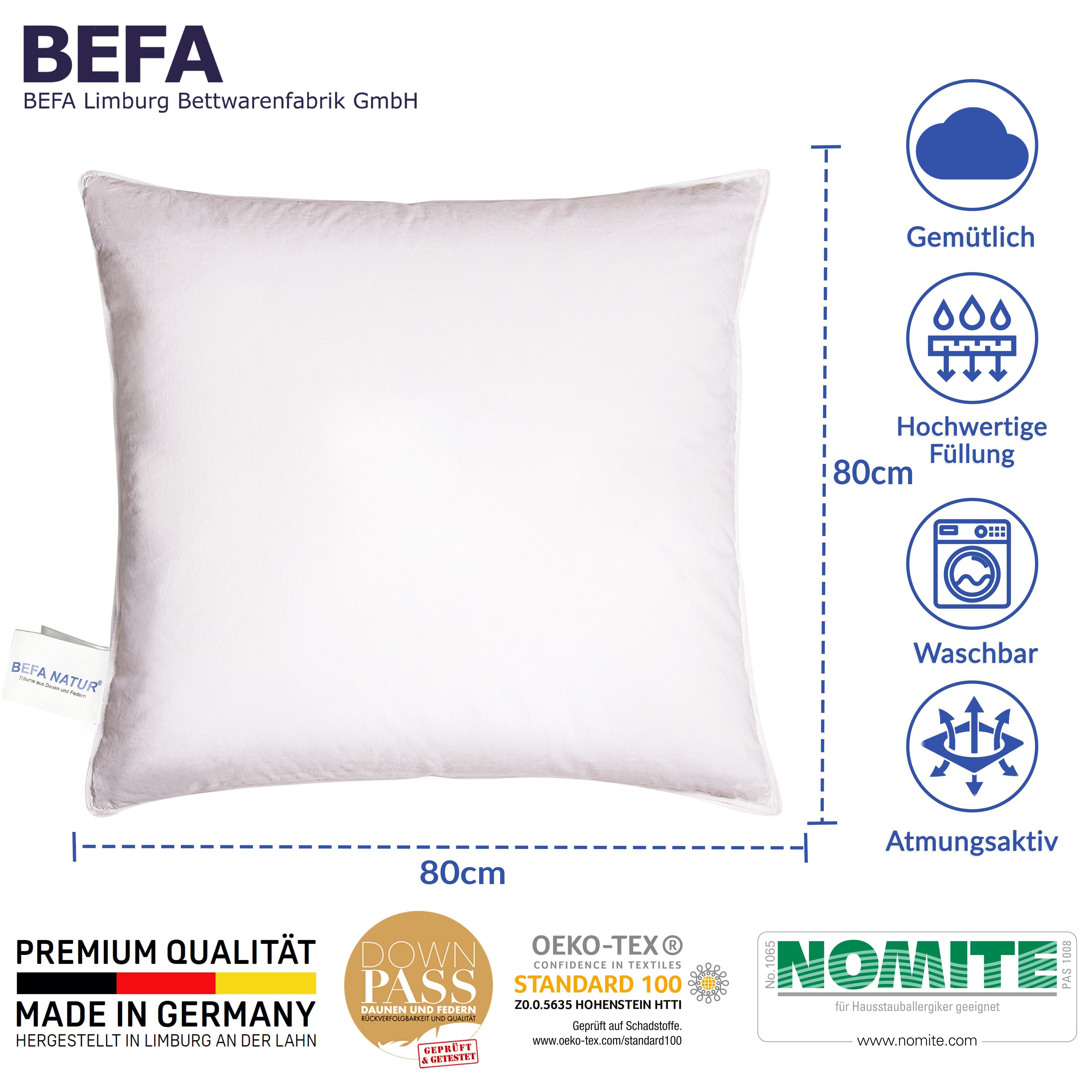 BEFA NATUR Federkopfkissen kuschelig weiches Premium Federkissen 80 x 80 cm, Füllung: 100% Entenfedern, Seitenschläfer, Rückenschläfer, Bauchschläfer, Spar-Set, Kopfkissen 1 tlg., Made in Germany - hochwertige Verarbeitung - Allergiker geeignet