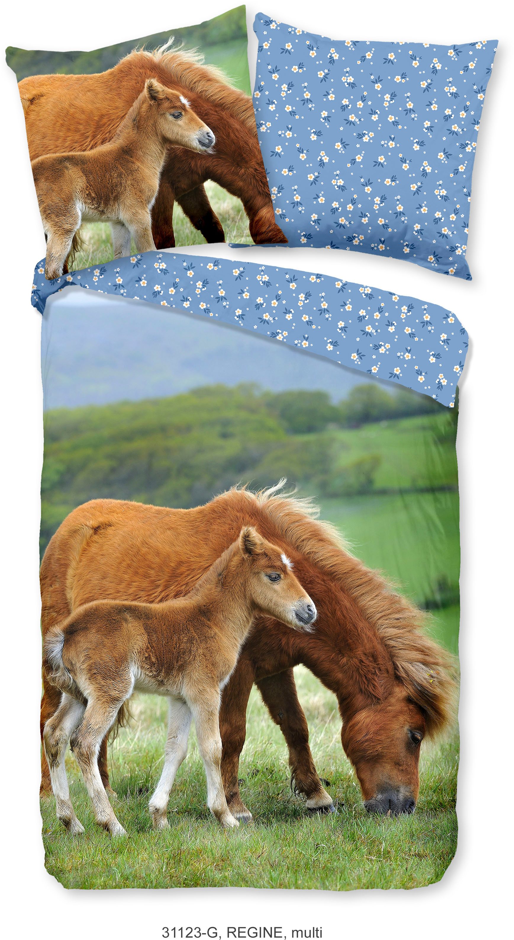 good morning Kinderbettwäsche Regine, Renforcé, 2 teilig, Baumwolle, 135x200, Reißverschluss, Wendeoptik, Kind, Mädchen, Pferd – Bild 2 von 5