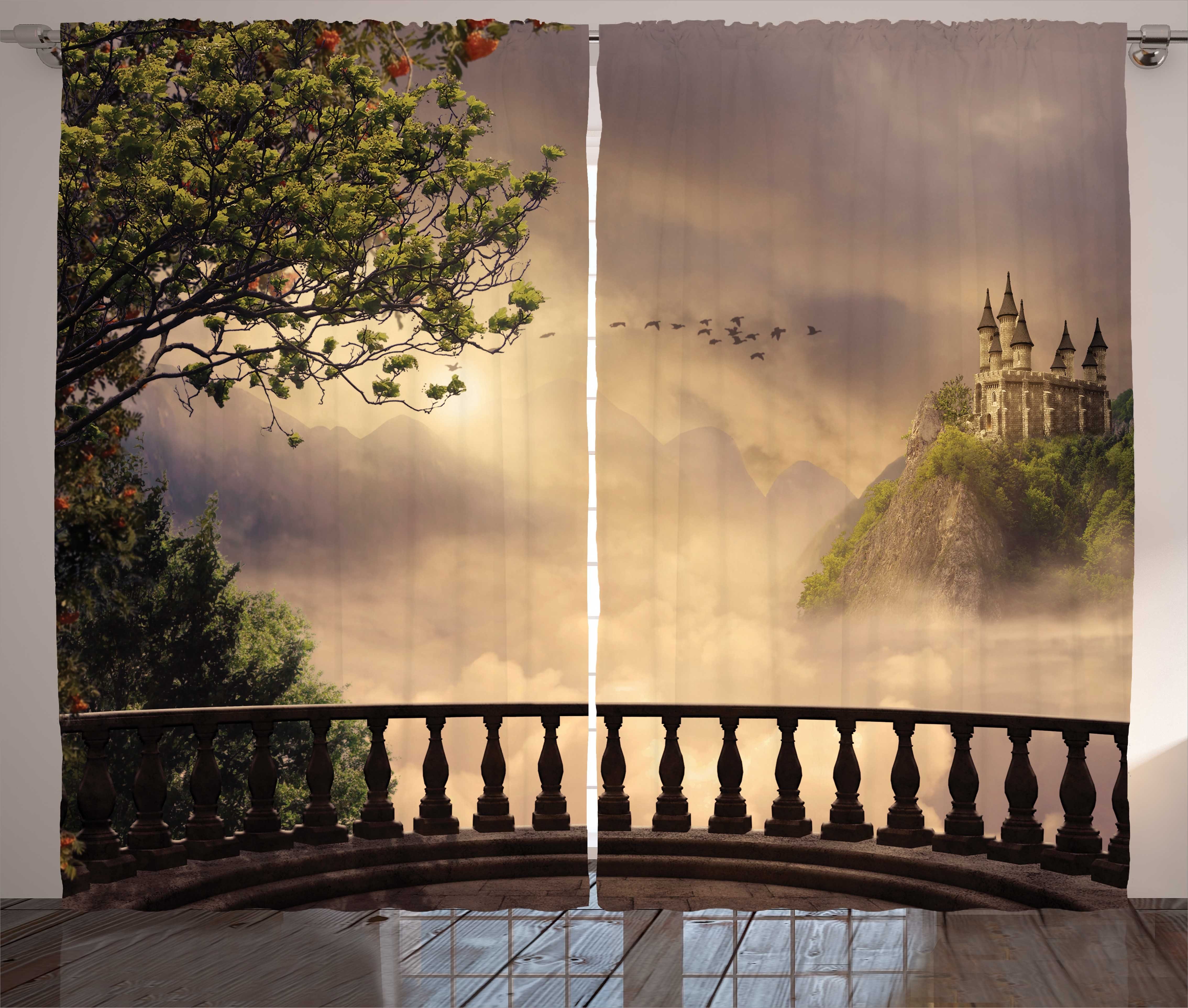 Gardine Schlafzimmer Kräuselband Vorhang mit Schlaufen und Haken, Abakuhaus, Märchen Wolkengebilde mit Schloss