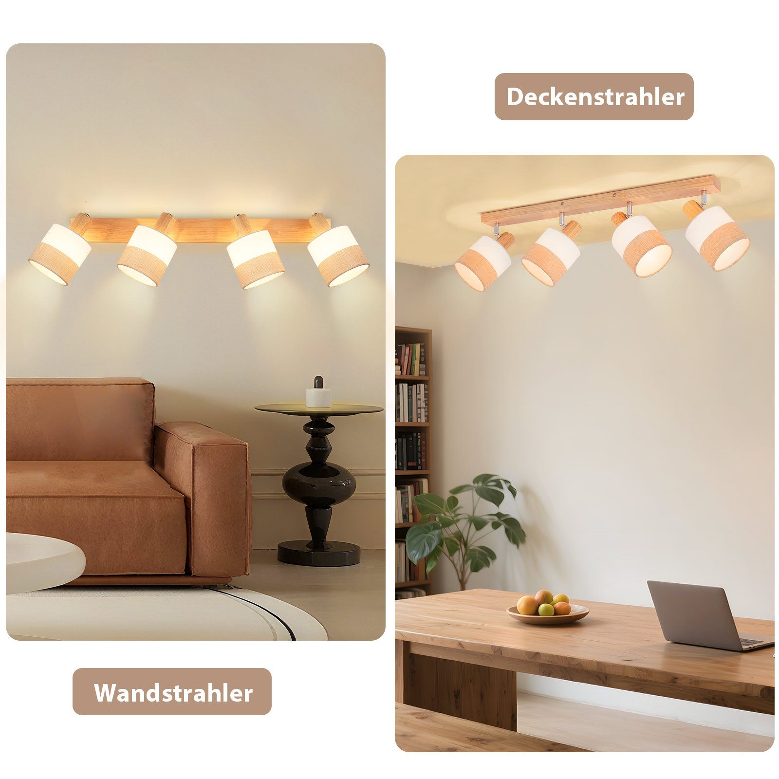 Nettlife Deckenstrahler Wohnzimmer Holz 1/2/3/4 Flammig E14 Vintage Deckenleuchte Deckenspot, LED wechselbar, perfekt für Flur, Wohnzimmer, Schlafzimmer, Esszim – Bild 5 von 5