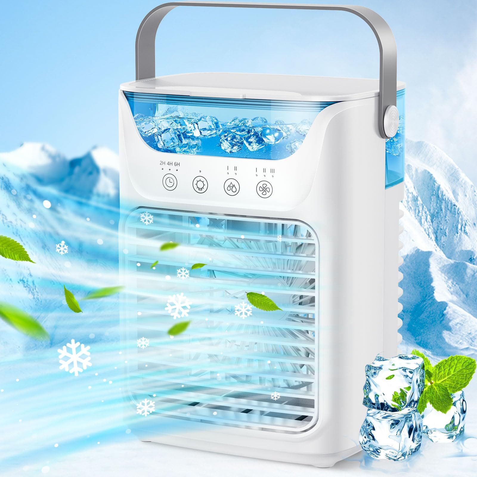 MOPUEA Ventilatorkombigerät Luftkühler Ventilator, 4-in-1-Kühlgebläse mit Sprühnebel, tragbar, Mini Klimaanlage 3 Stufen Timer 2–6h, LED-Licht, 7W, 700 ml Wassertank