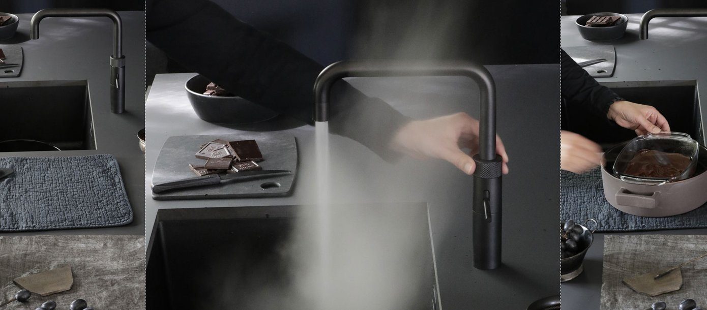 QUOOKER Küchenarmatur QUOOKER FUSION ROUND Schwarz Combi B mit CUBE 2 (22FRBLKCUBE) (2-St) 100°C Kochendwasserhahn mit Trinkwassersystem