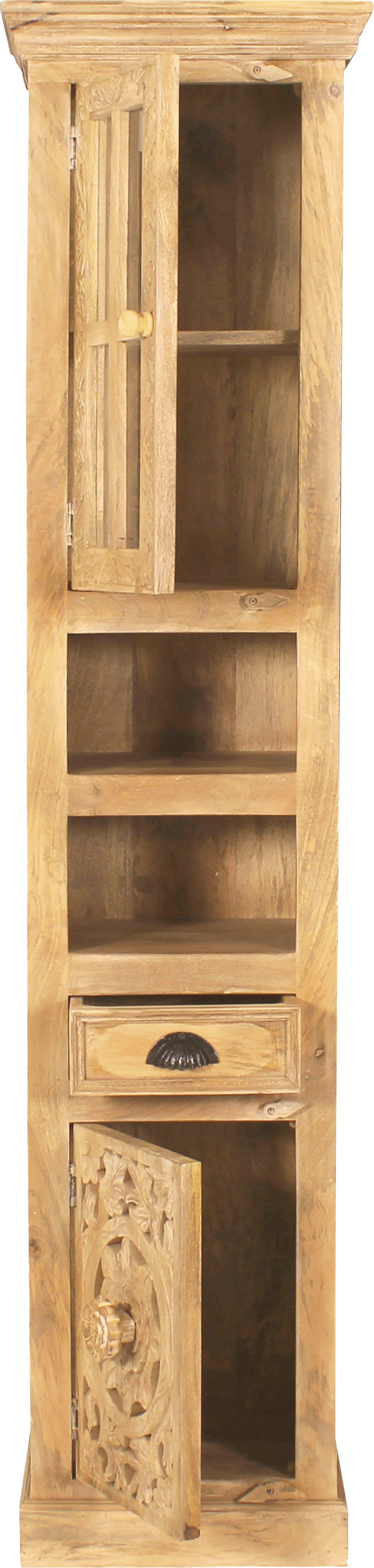 SIT Hochschrank Danzig aus Mangoholz mit 1 Tür, 1 Glastür & Schublade Kunstvolle Schnitzereien und Glastür als stilvolle Highlights – Bild 4 von 5