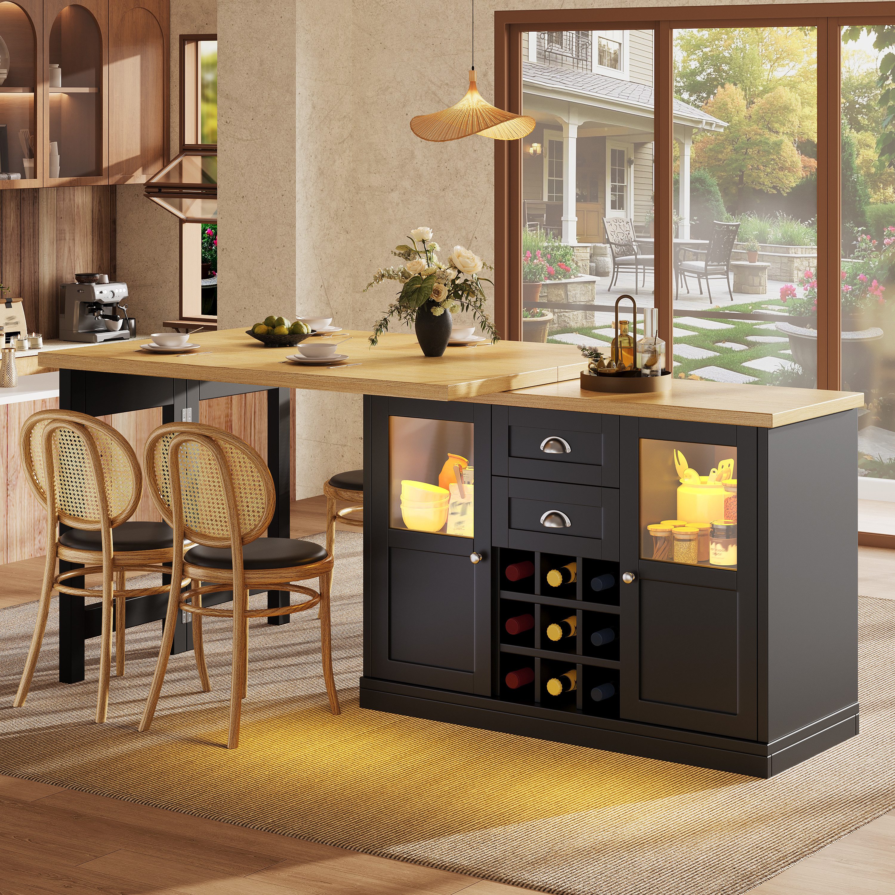 Flieks Kücheninsel Küchenschrank mit 360° drehbarer und klappbarer Arbeitstisch, (Holzoptik Tischplatte Tiefe 40-80cm, Längenverstellbar 120-197cm), ausziehbarer Esstisch & Mehrzweckschrank mit Led-Beleuchtung Schwarz