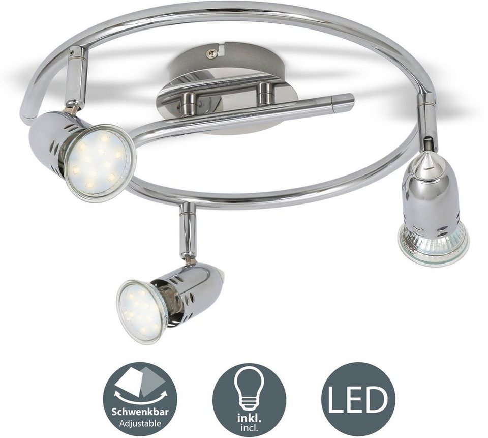 B.K.Licht LED Deckenleuchte, Leuchtmittel wechselbar, Warmweiß,  Deckenlampe, Deckenspots, Strahler, inkl. 3W 250lm, modern, chrom