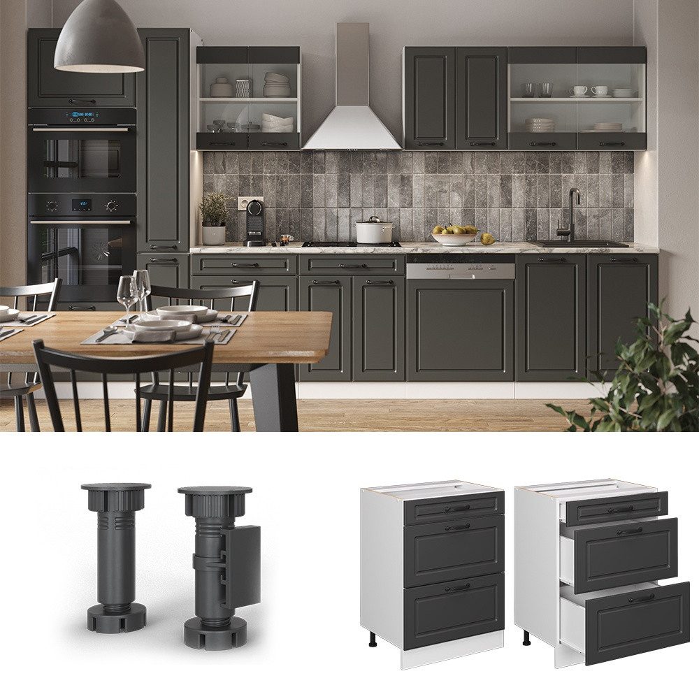 Vicco Unterschrank R-Line Anthrazit Landhaus/Weiß 60cm mit Schubladen ohne Arbeitsplatte (1-St)