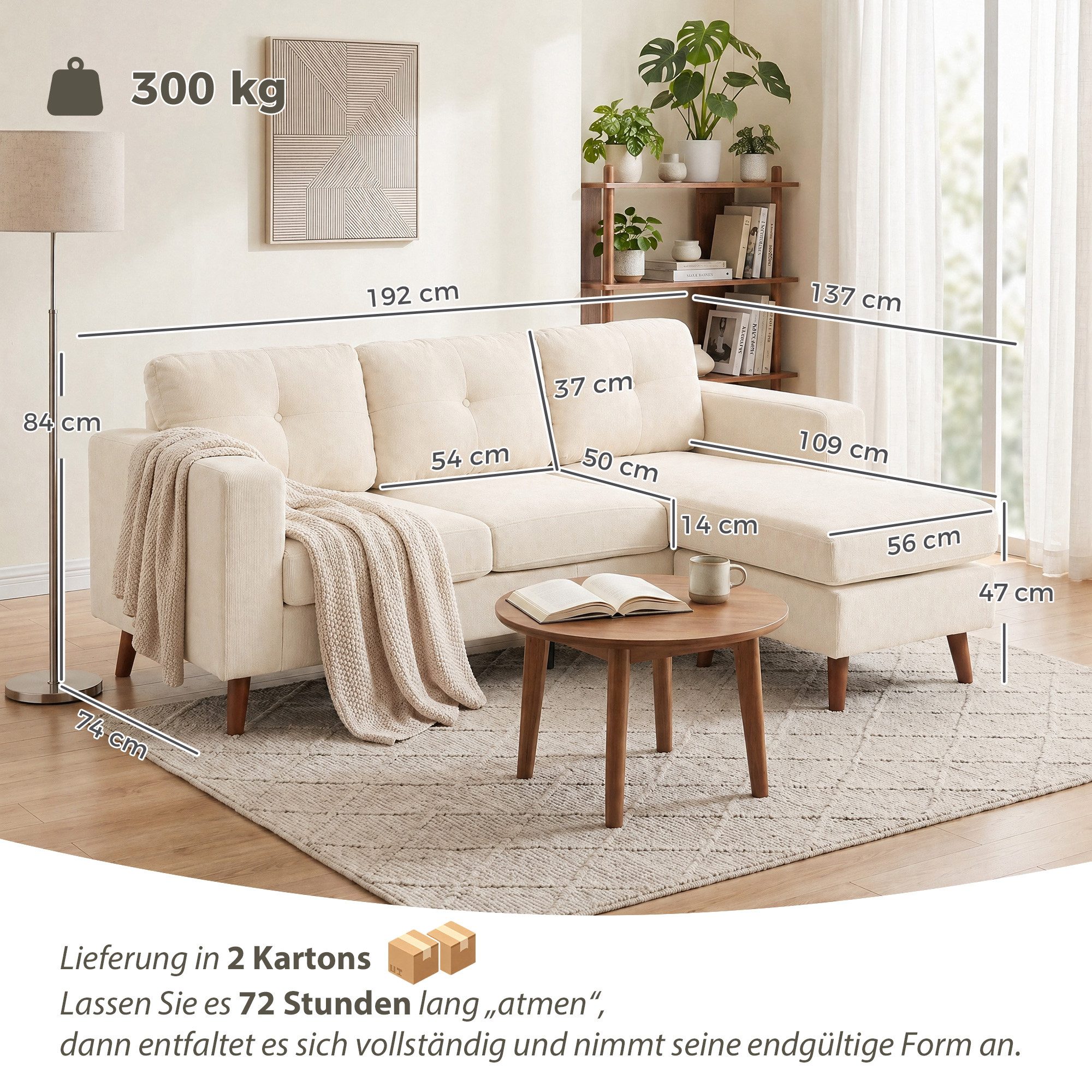 HOMCOM Ecksofa mit umkehrbarer Chaiselongue, Cord-Optik, Eckcouch 1 Teile, für kleinen Raum, Wohnzimmer, Cremeweiß