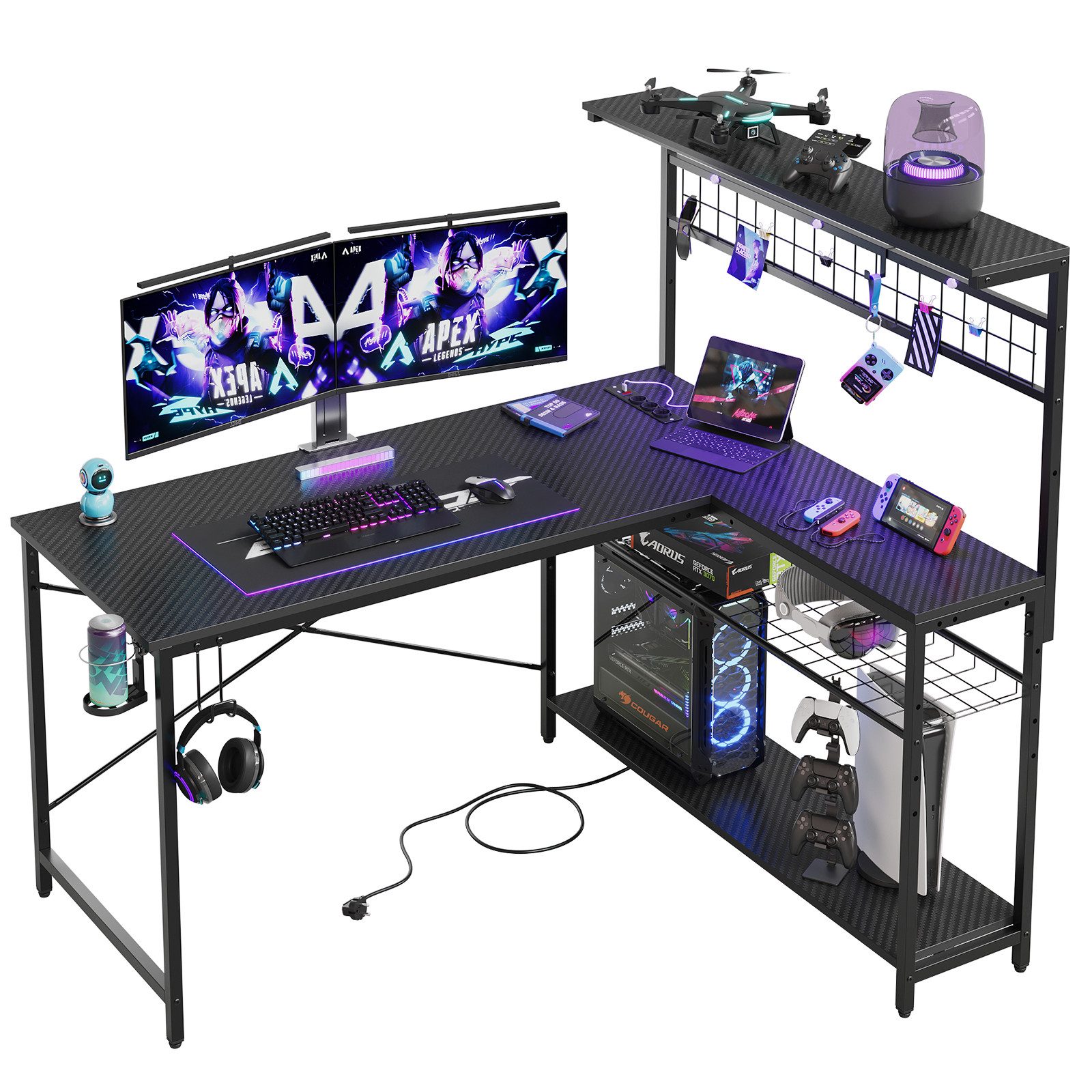 Bestier Gamingtisch L-förmiger Gamingtisch mit LED-Beleuchtung (Reversibler Schreibtisch, 1 Tisch), Jugendschreibtische mit Haken & USB