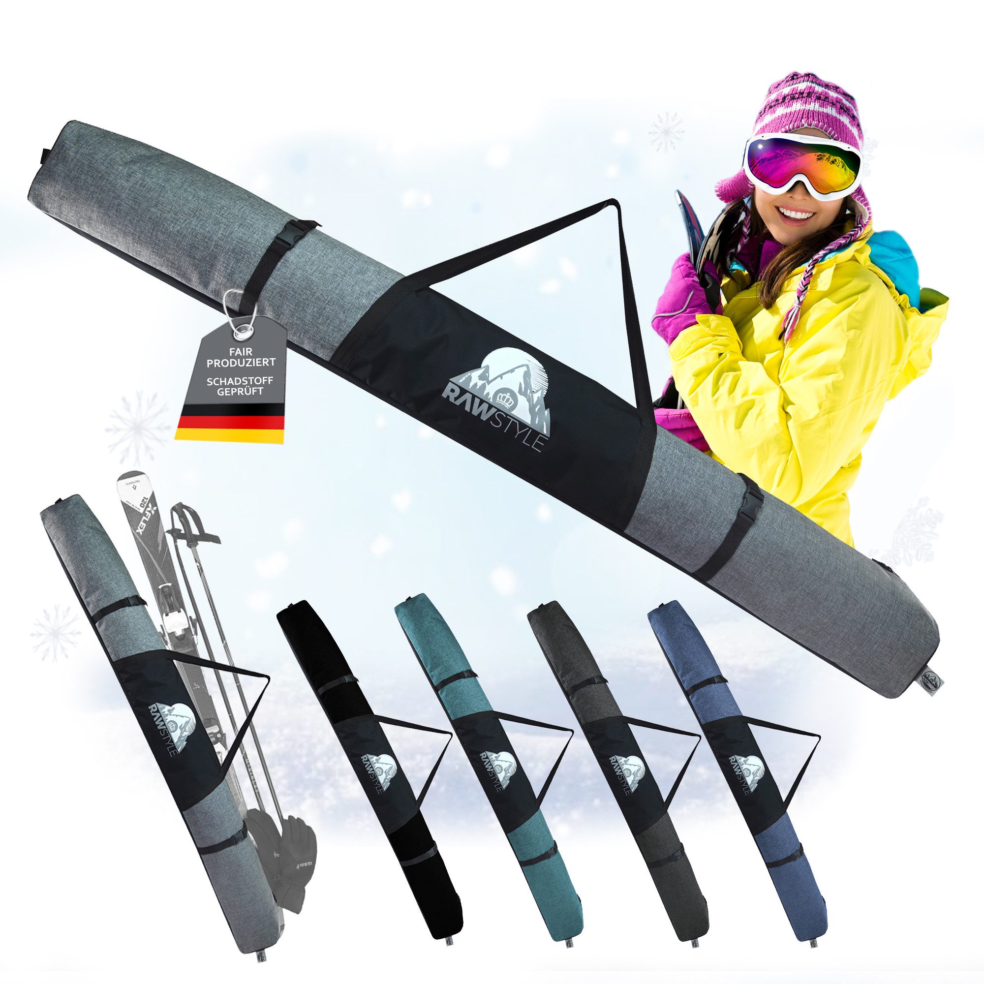 BambiniWelt by Rafael K. Skitasche Skitasche Skisack für Ski 160cm 180cm und Skistöcke Skibag Skicover, wasserdichtes, starkes Cordura-Gewebe