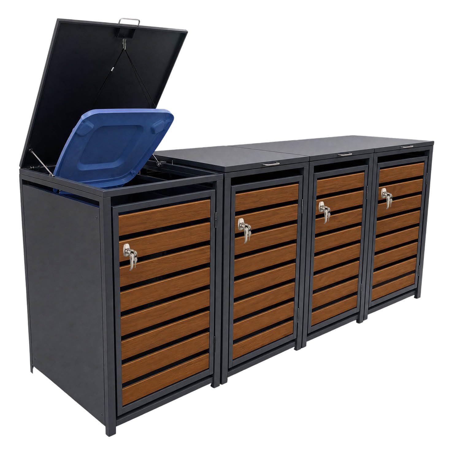 LagerZwei Mülltonnenbox Mülltonnenverkleidung 240 l, bis zu 5er Set (Packung, 4 St., 4er-Set), abschließbar, Gasdruckfeder-Deckel, wetterfest, für 240-l-Tonne