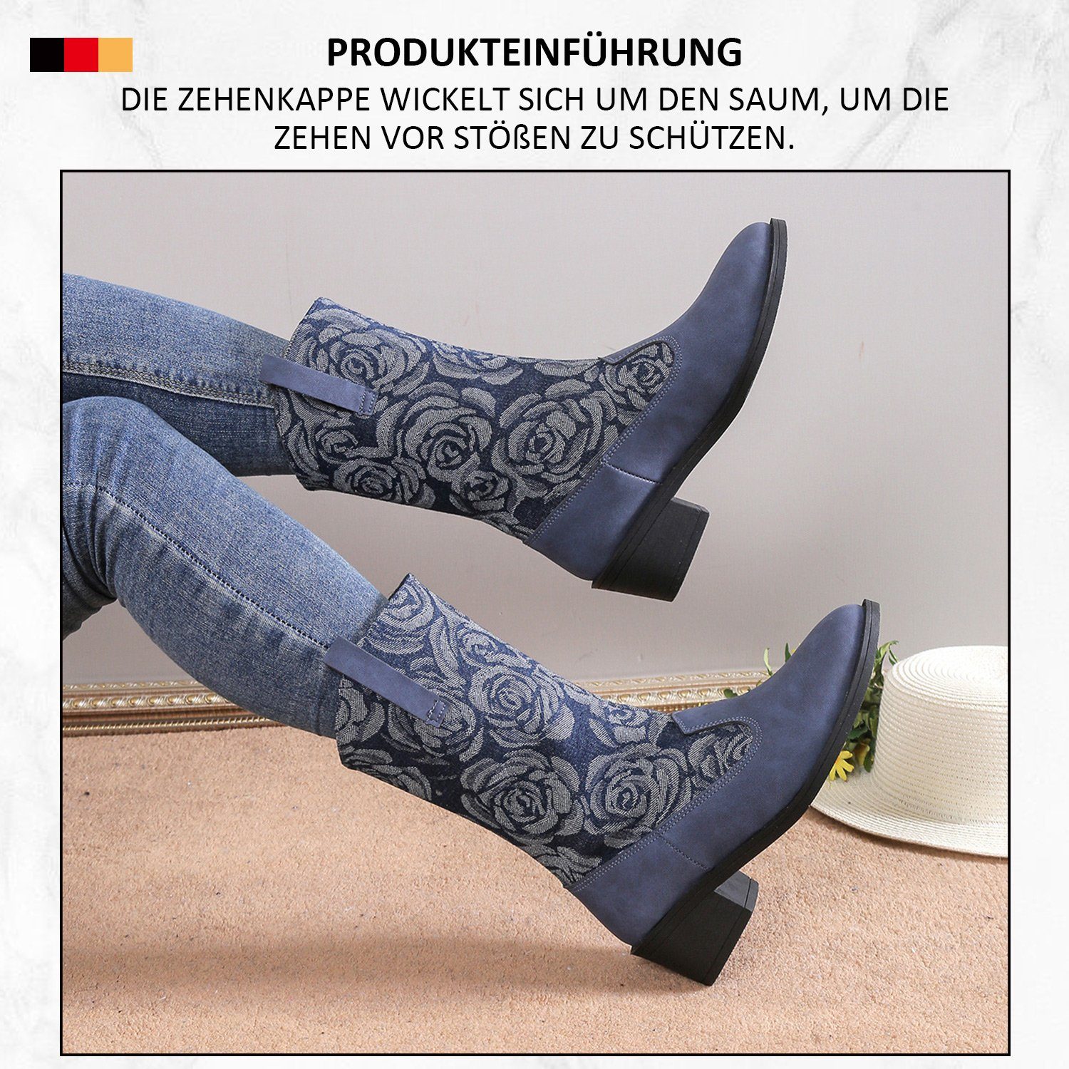 Damen Cowboystiefel MAGICSHE Martin-Stiefel Blau Patchwork-Stickerei High-Top