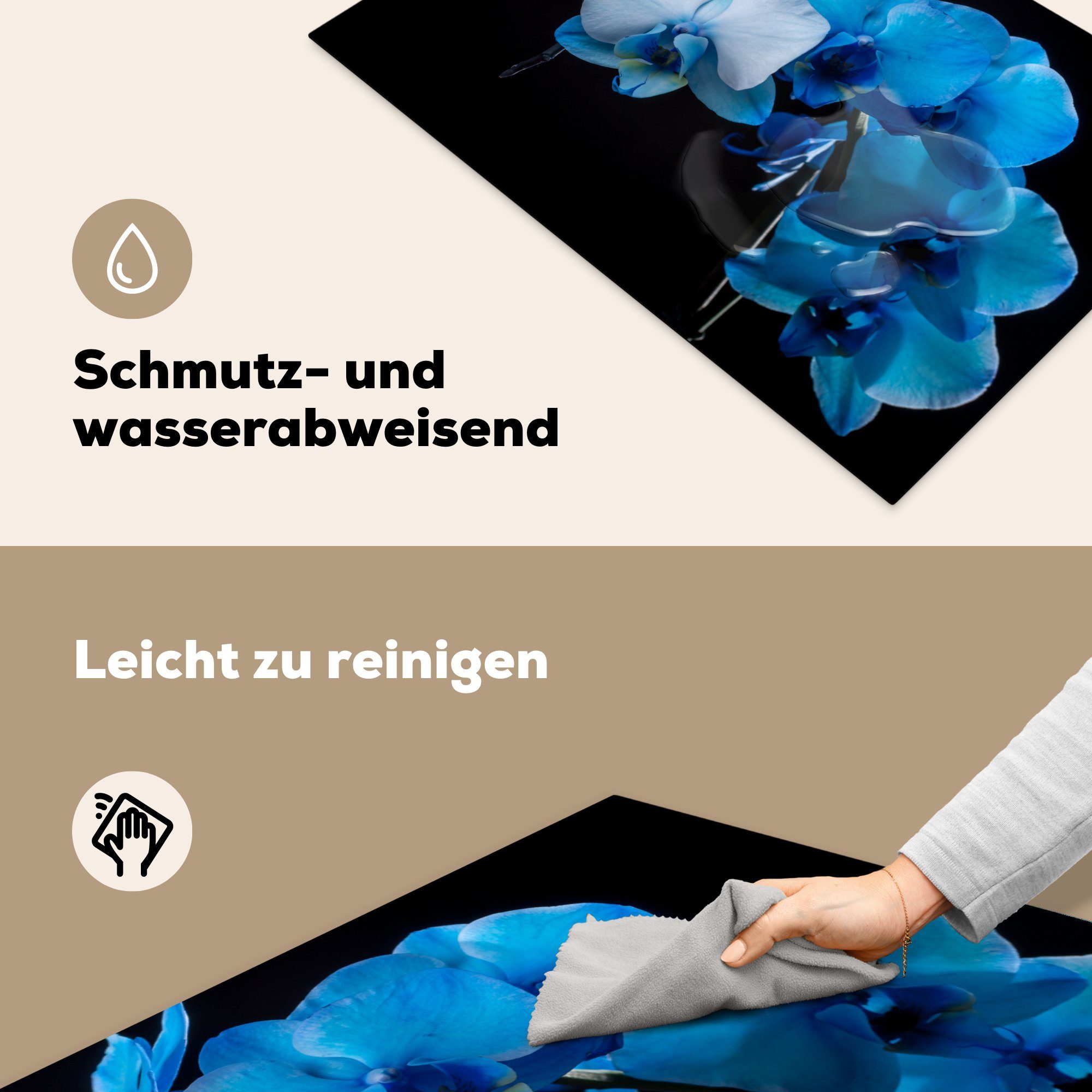 MuchoWow Herdblende-/Abdeckplatte Blaue für cm, vor (1 Schutz schwarzem küche, 81x52 Hintergrund, die Induktionskochfeld tlg), Ceranfeldabdeckung Vinyl, Orchidee