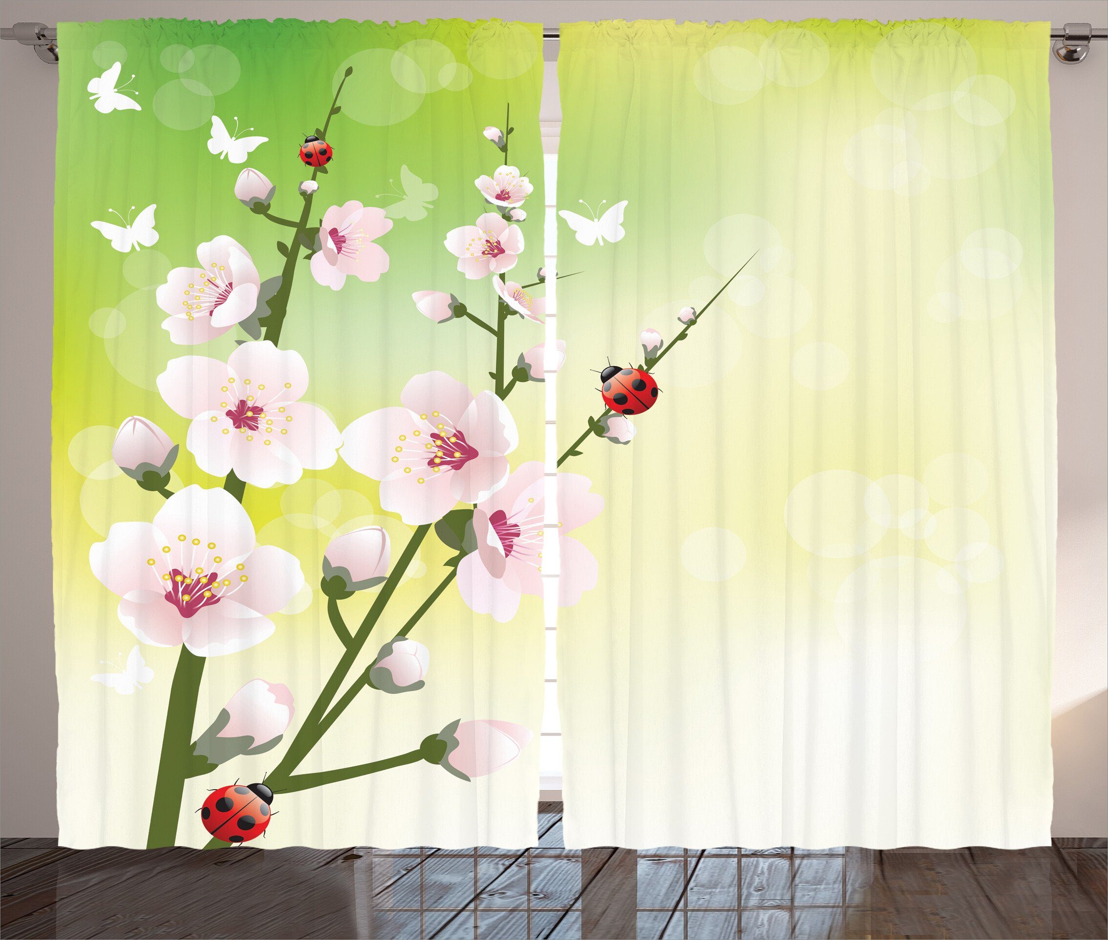 Gardine Schlafzimmer Kräuselband Vorhang mit Schlaufen und Haken, Abakuhaus, Blumen Blüten Marienkäfer Frühling